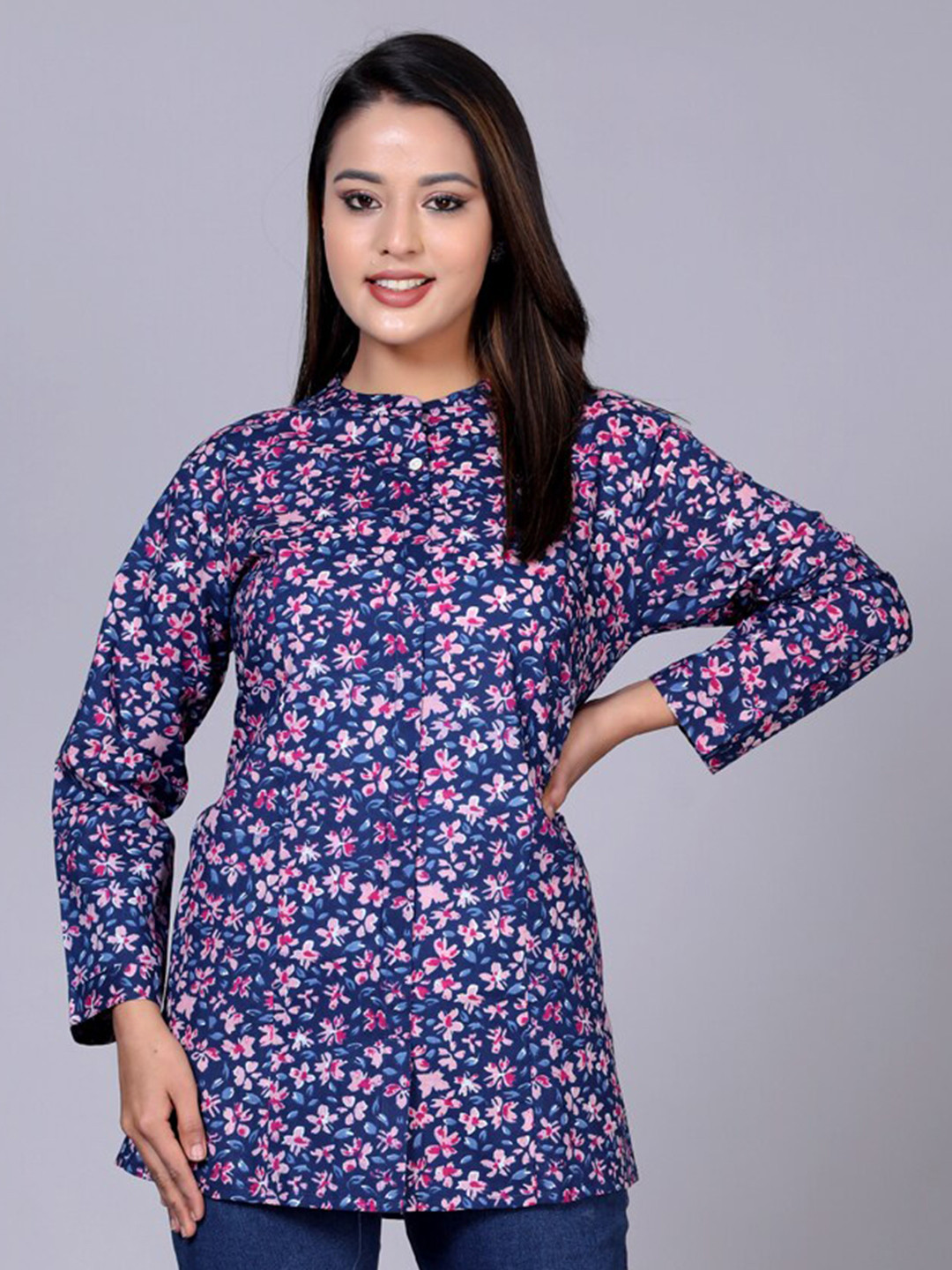 

HERE&NOW Mandarin Collar Classic Floral Printed Casual Pure Cotton Shirt, Navy blue