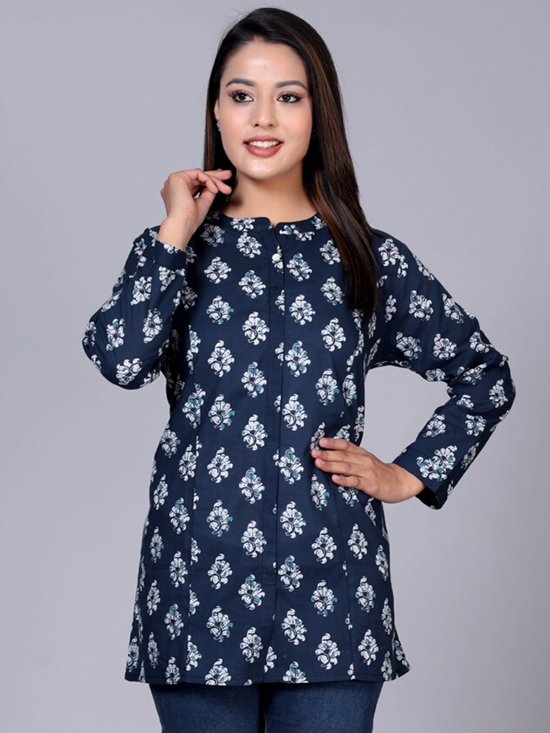 

HERE&NOW Women Classic Floral Printed Mandarin Collar Longline Casual Shirt, Navy blue