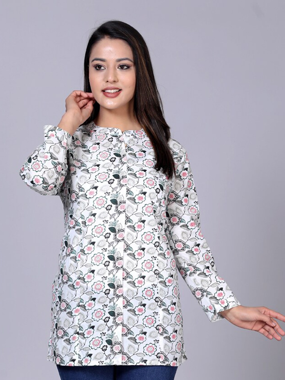 

HERE&NOW Mandarin Collar Classic Floral Printed Casual Pure Cotton Shirt, White