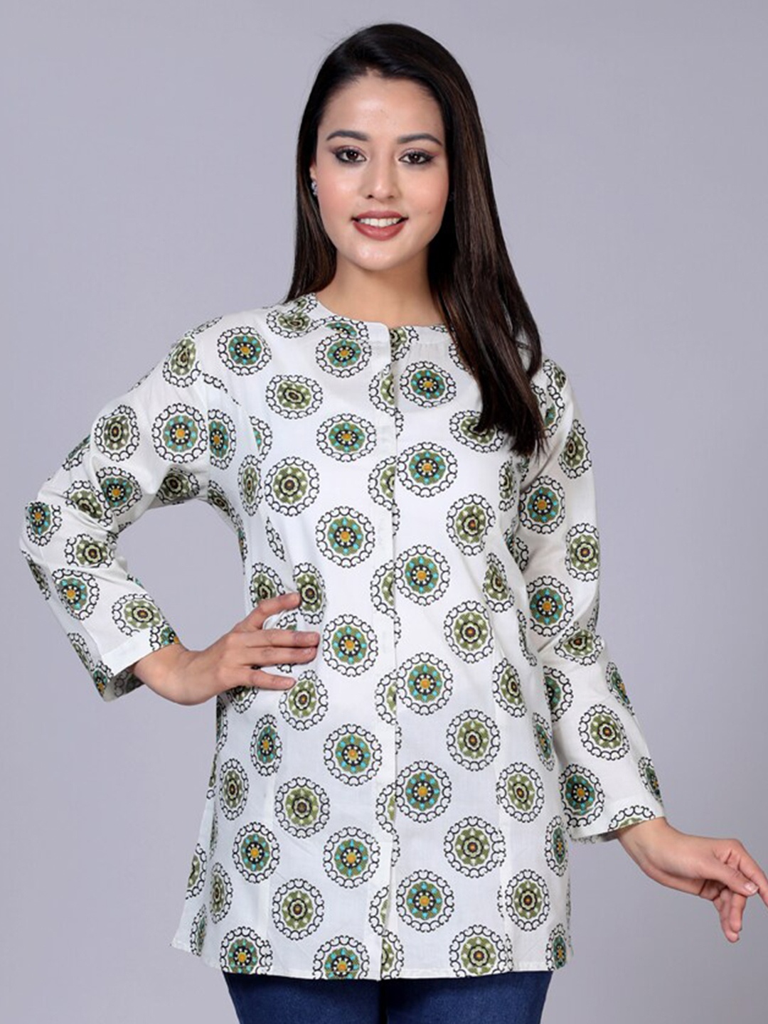 

HERE&NOW Mandarin Collar Classic Geometric Printed Casual Pure Cotton Shirt, White