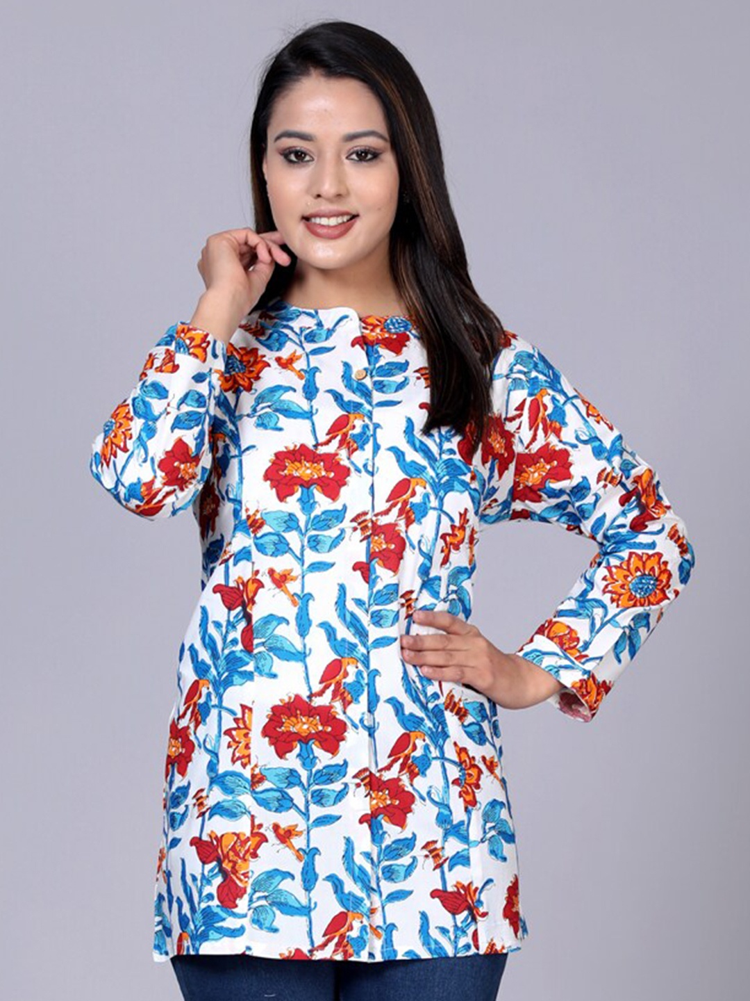 

HERE&NOW Women Classic Floral Semi Sheer Printed Casual Shirt, Off white