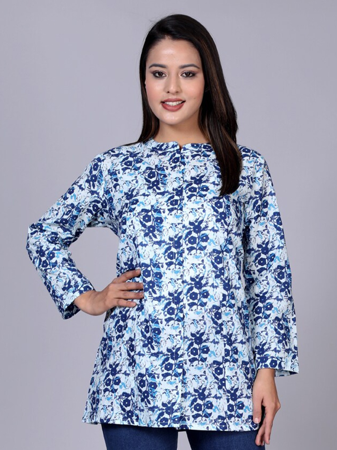 

HERE&NOW Mandarin Collar Classic Floral Printed Casual Pure Cotton Shirt, Blue