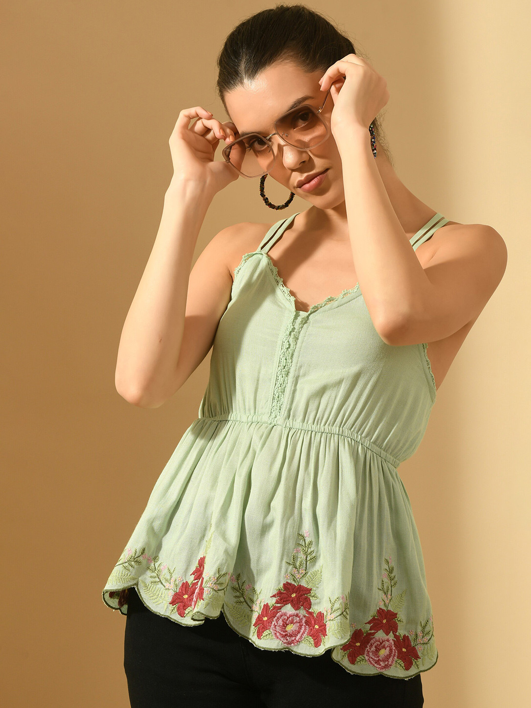 

PRETTY LOVING THING Floral Embroidered Cinched Waist Top, Green