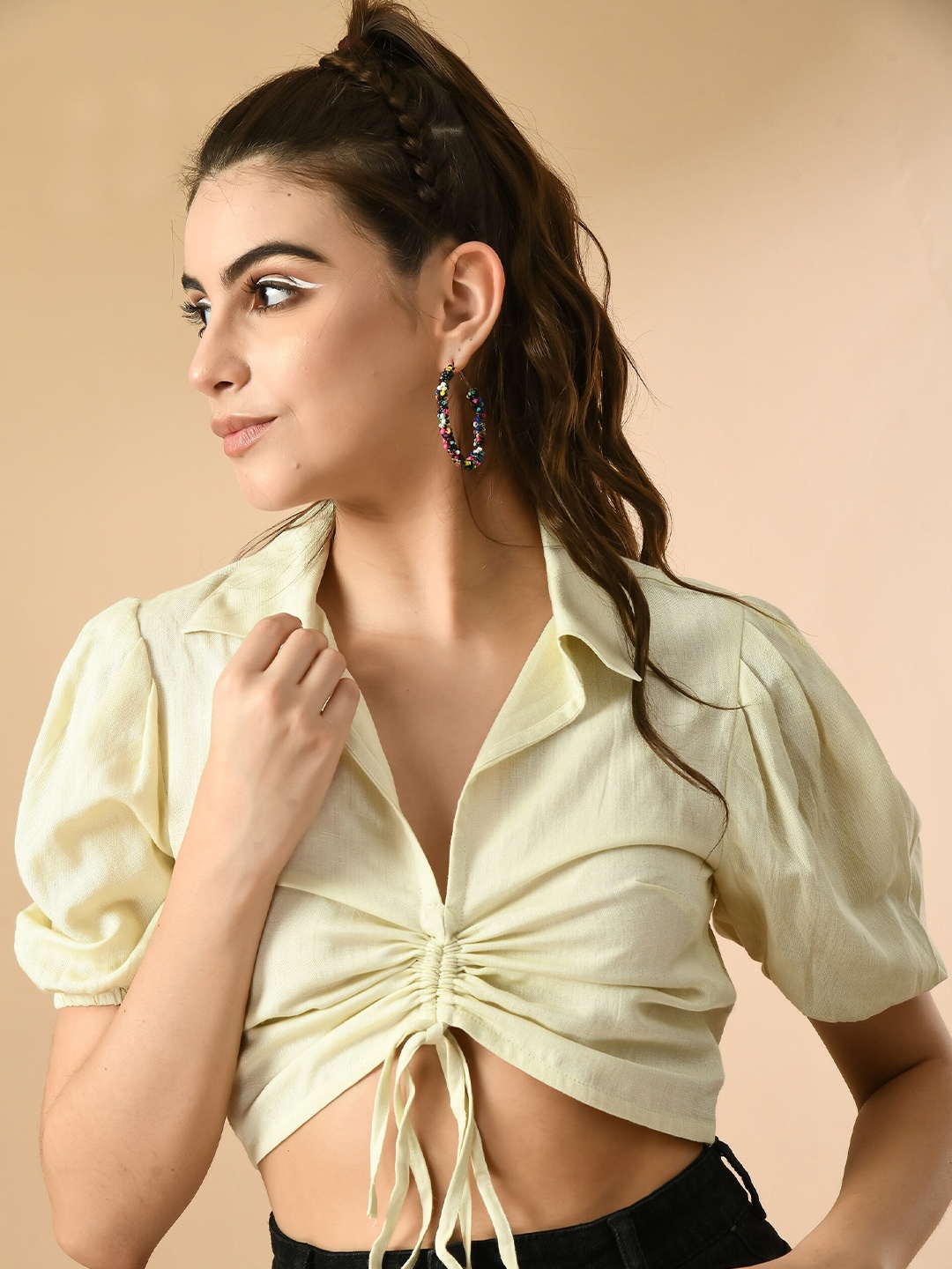 

PRETTY LOVING THING Puff Sleeve Shirt Style Crop Top, Off white