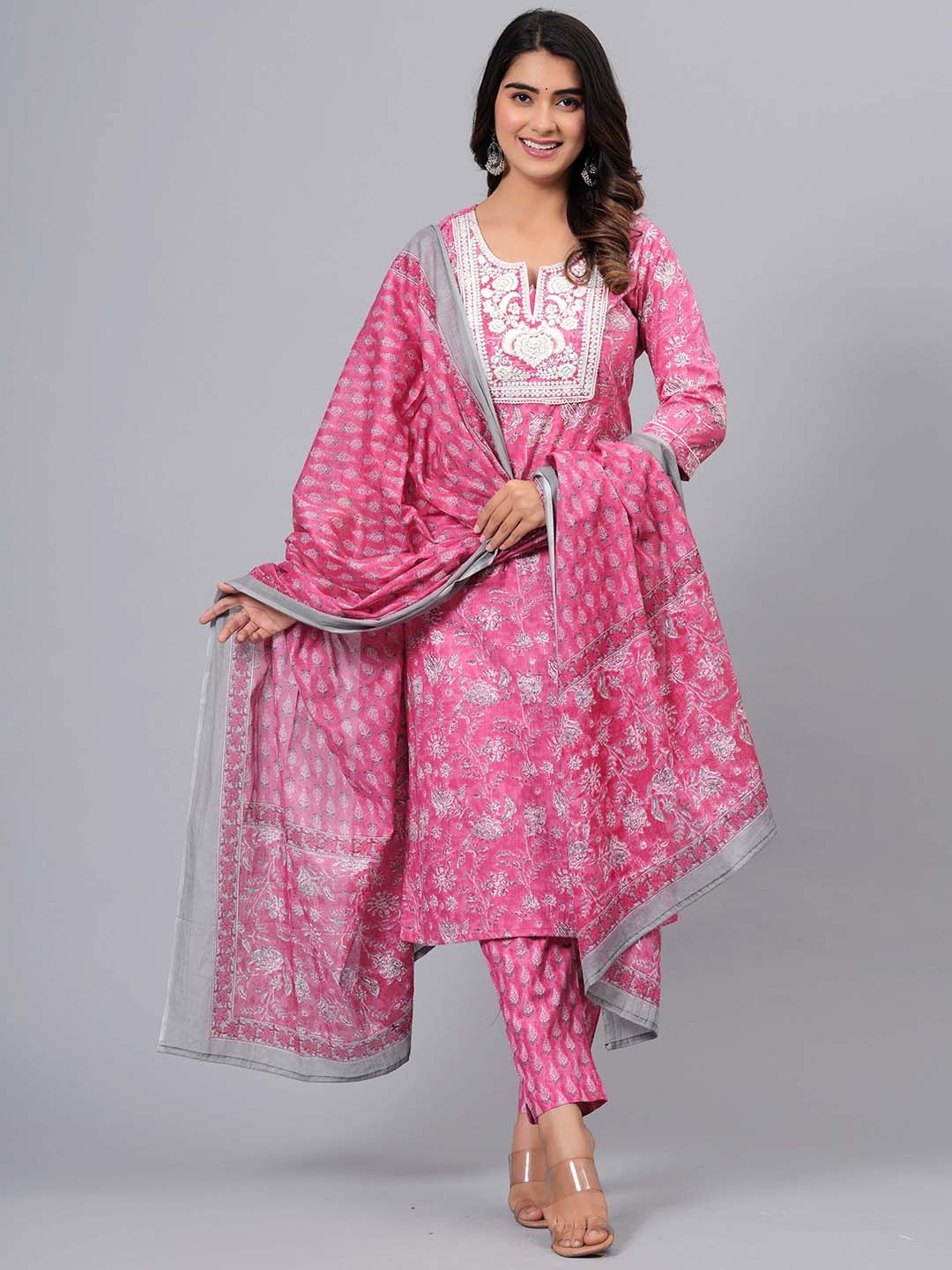 

KALINI Floral Printed Thread Work Pure Cotton Straight Kurta with Trousers & Dupatta, Pink