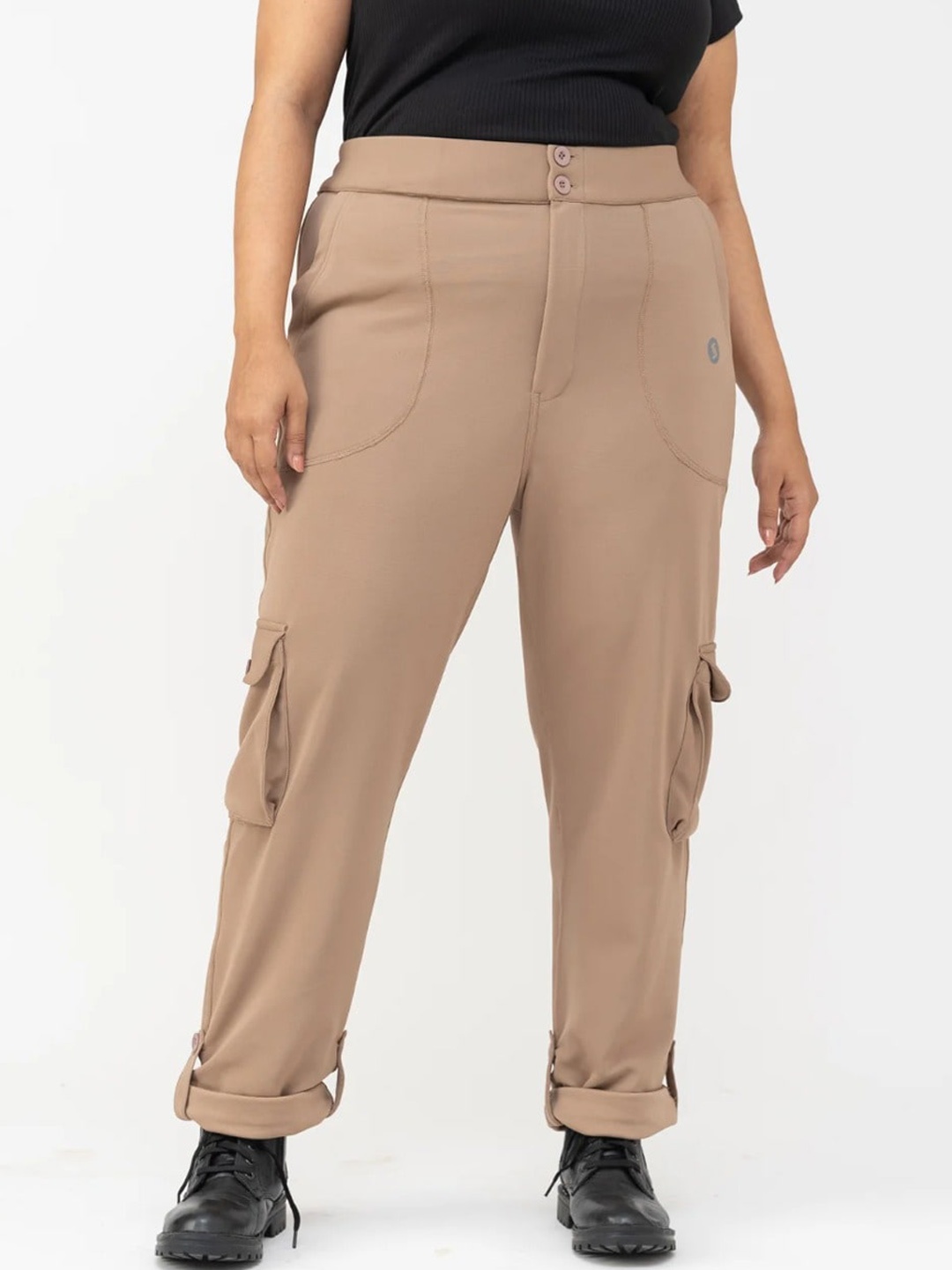 

SPIRIT ANIMAL Women Relaxed High-Rise Cargos Trousers, Beige