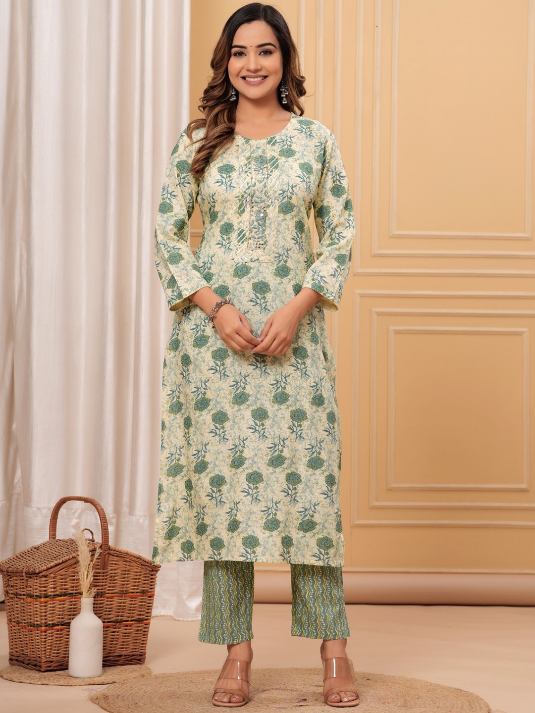

DHROOV TARA Ethnic Motifs Printed Regular Straight Kurta with Trousers, Beige