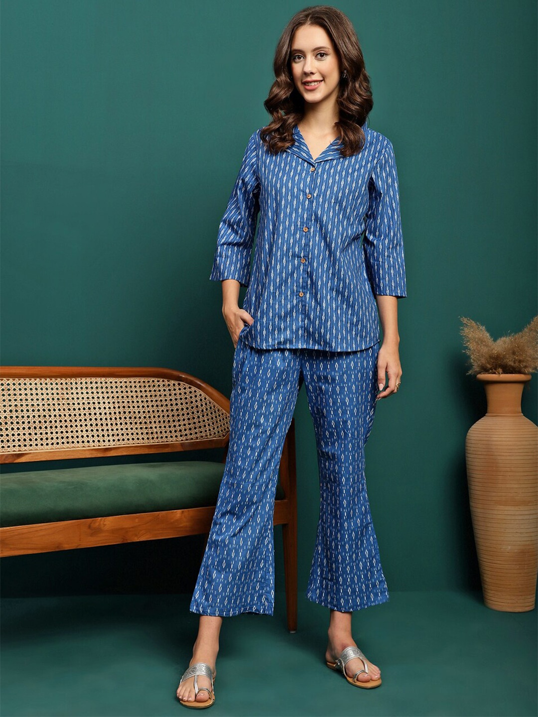 

Sangria Blue Printed Pure Cotton Shirt With Trouser
