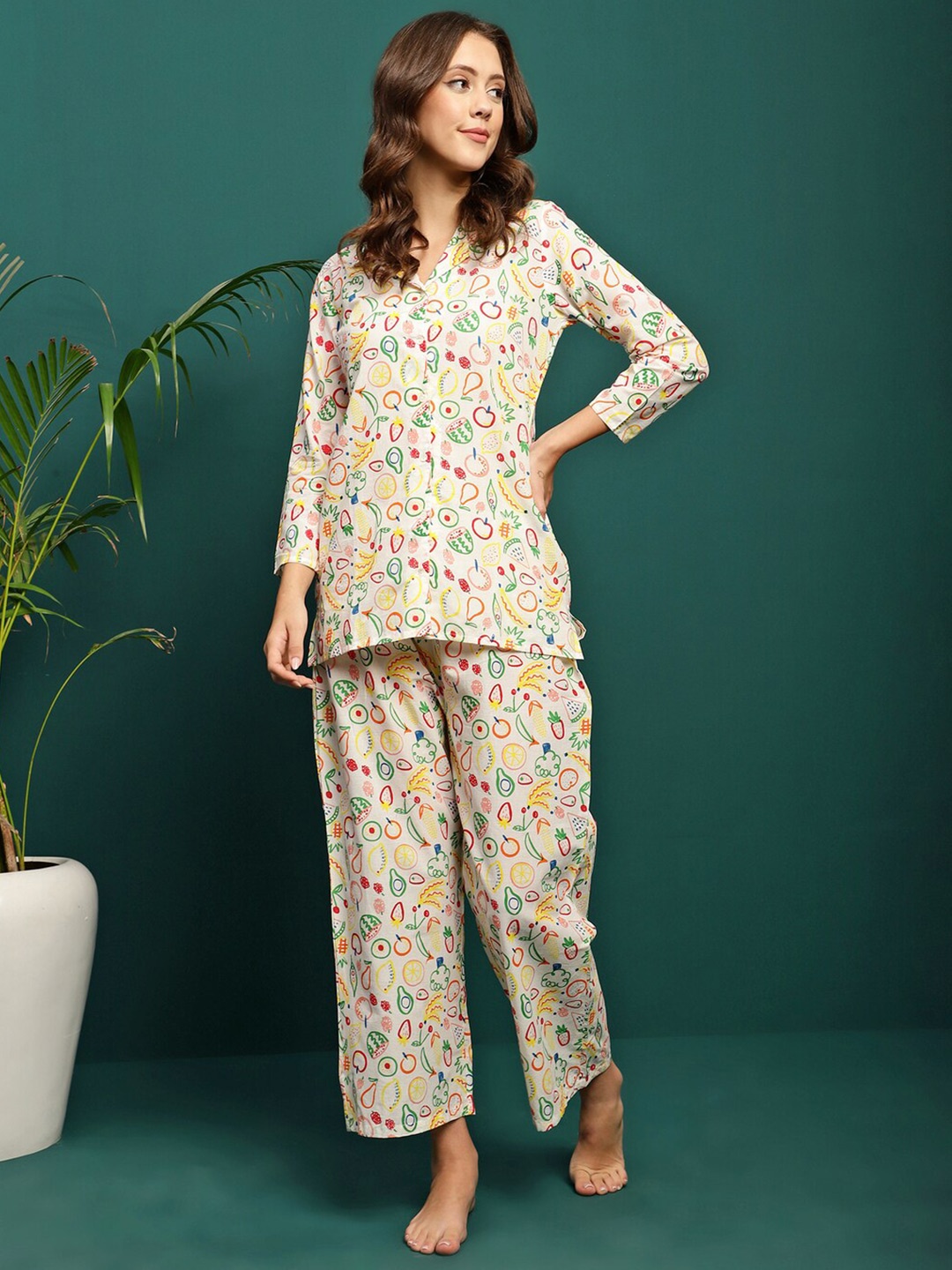 

Sangria Conversational Printed Pure Cotton Night suit, Green