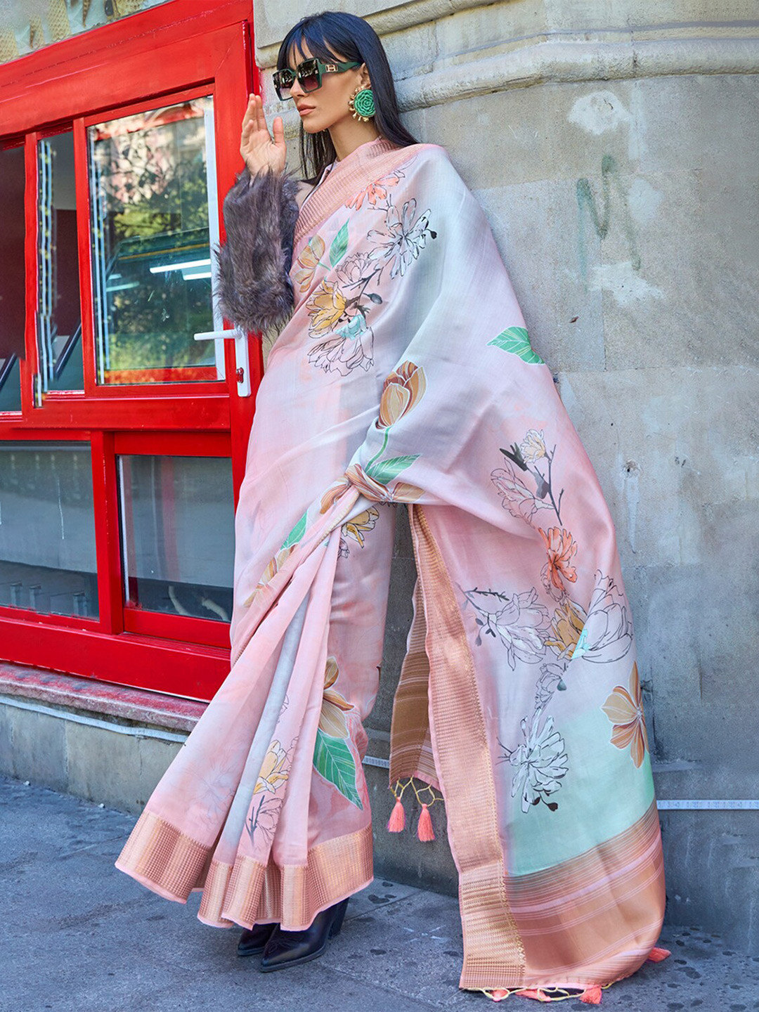 

DEVATITHI Floral Zari Organza Saree, Beige