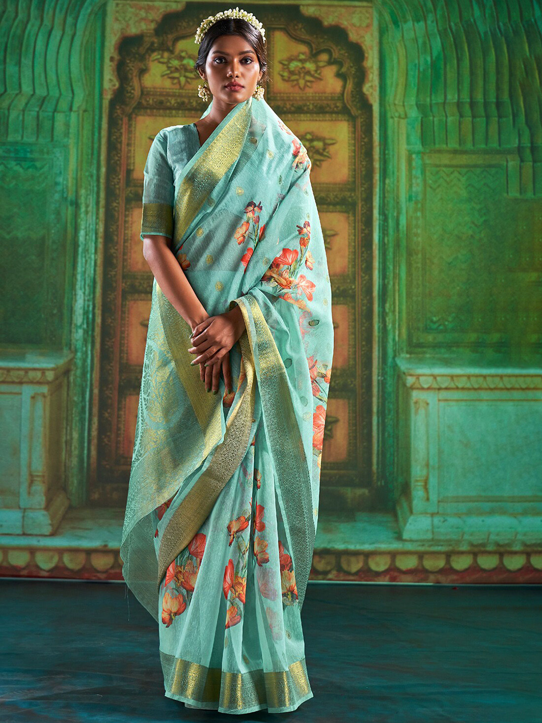 

DEVATITHI Floral Printed Zari Silk Cotton Saree, Blue