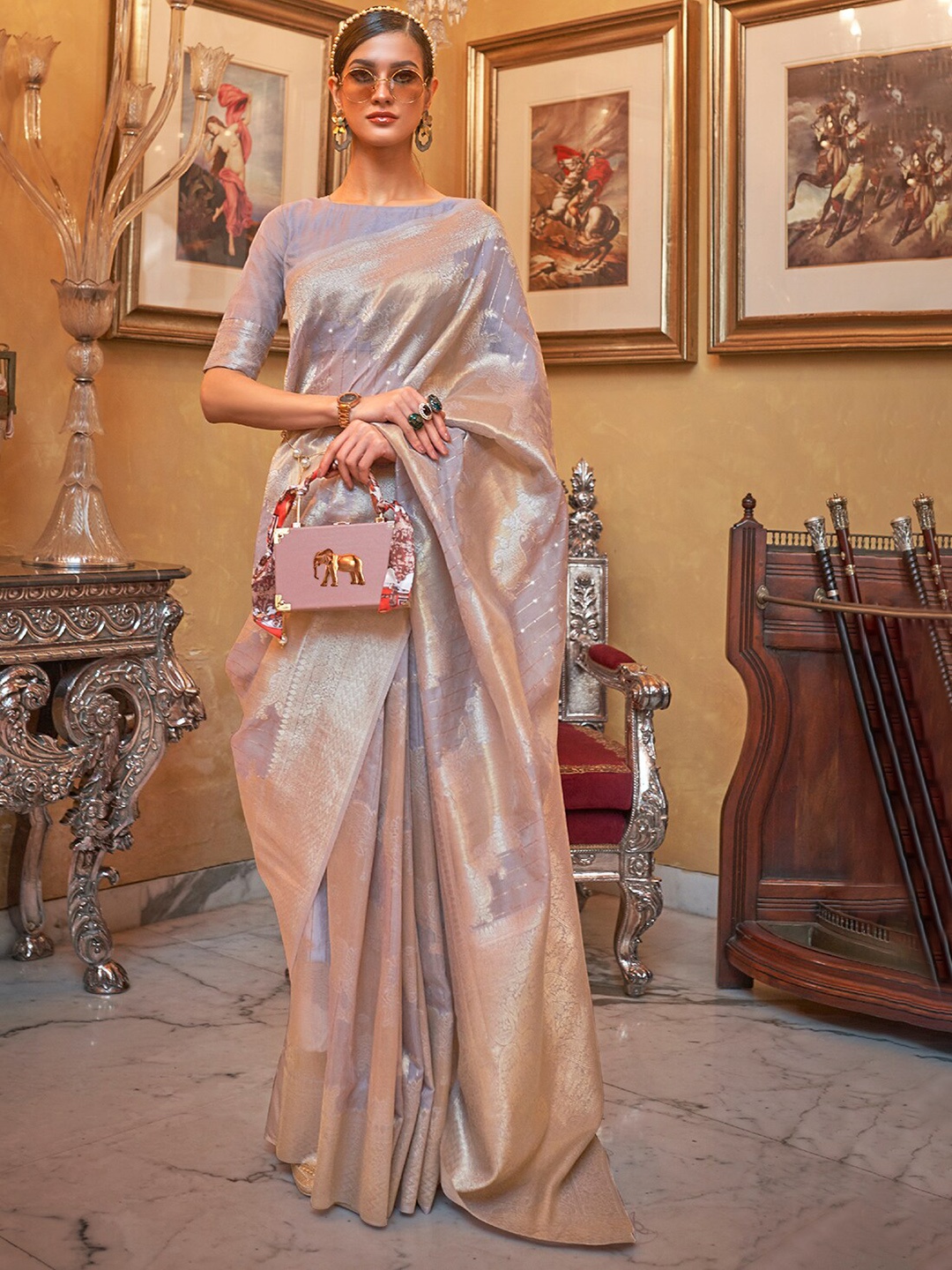 

DEVATITHI Ethnic Motifs Woven Design Zari Silk Cotton Saree, Grey