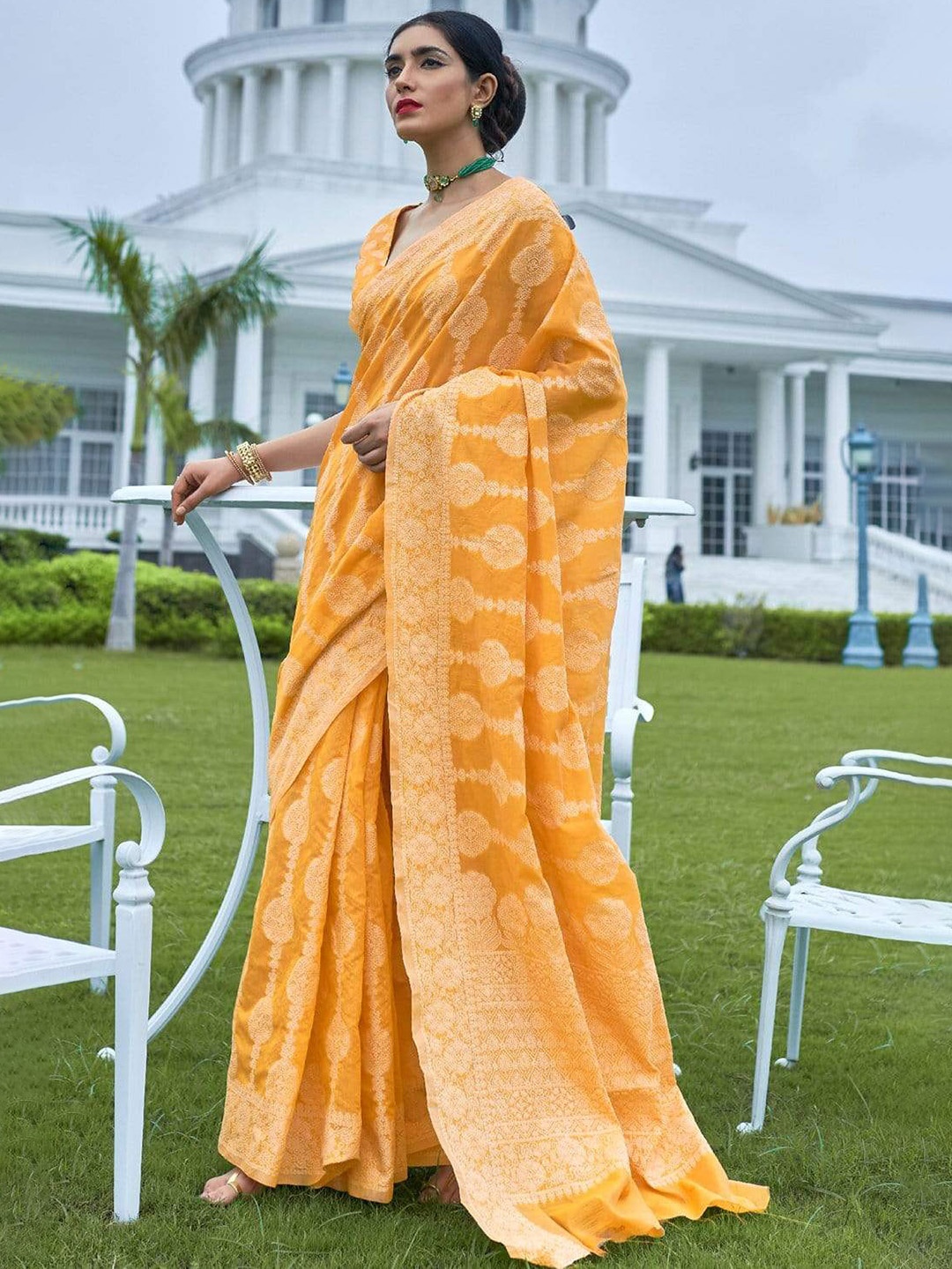 

DEVATITHI Ethnic Motifs Woven Design Zari Silk Cotton Saree, Yellow
