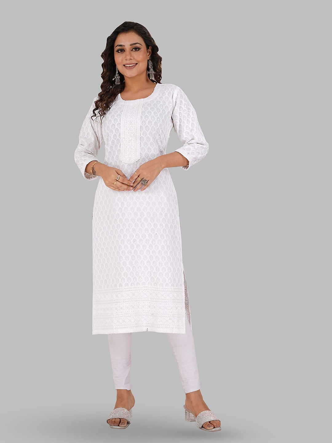 

SHOOLIN Floral Embroidered Chikankari Sequined White Romance Straight Kurta