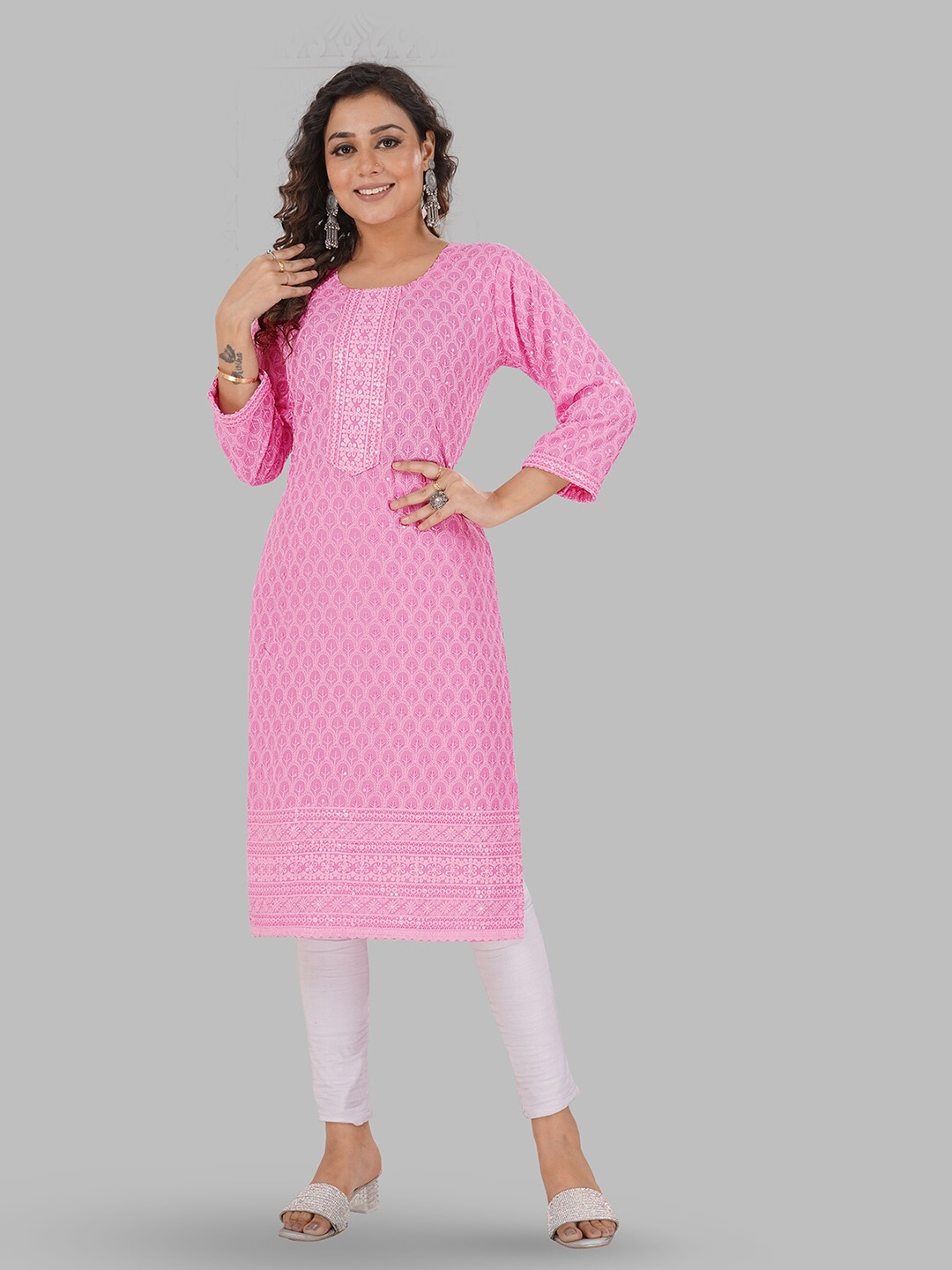 

SHOOLIN Floral Embroidered Chikankari Sequined Pure Cotton Straight Kurta, Pink