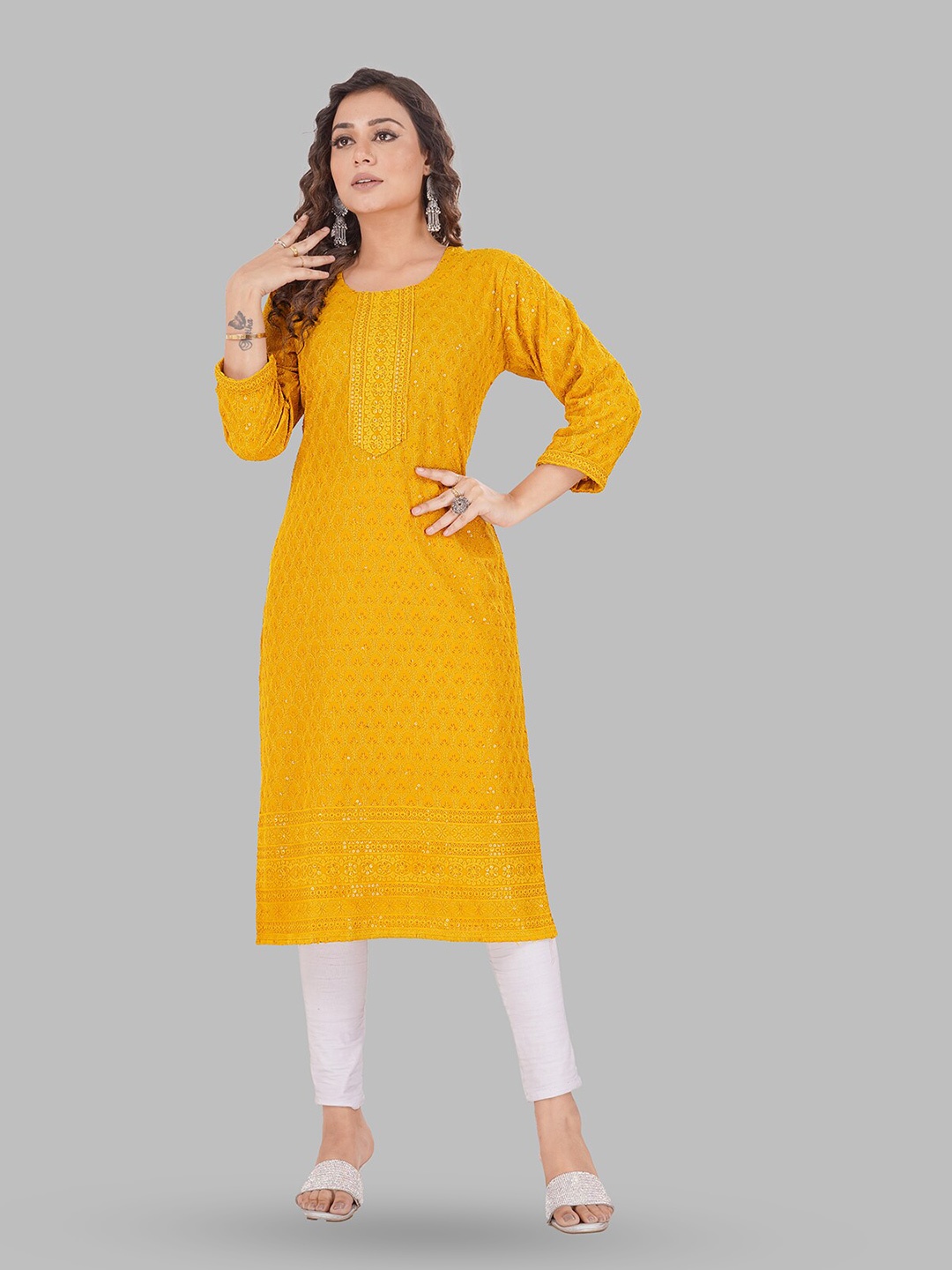 

SHOOLIN Floral Embroidered Chikankari Sequined Pure Cotton Straight Kurta, Mustard