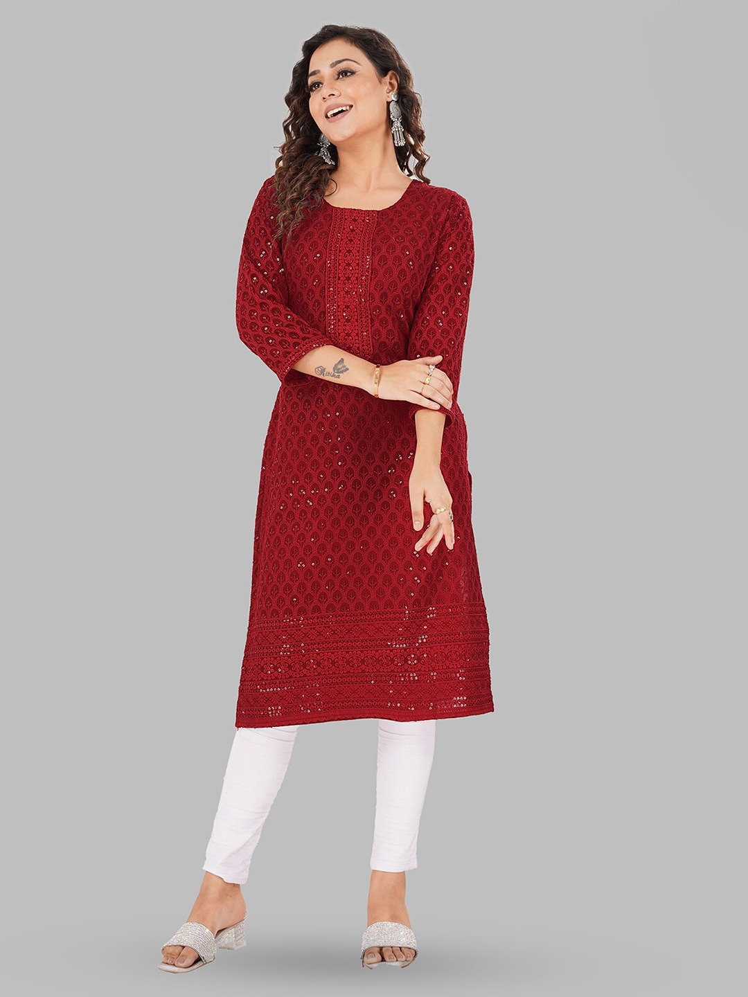 

SHOOLIN Floral Embroidered Chikankari Sequined Straight Kurta, Red