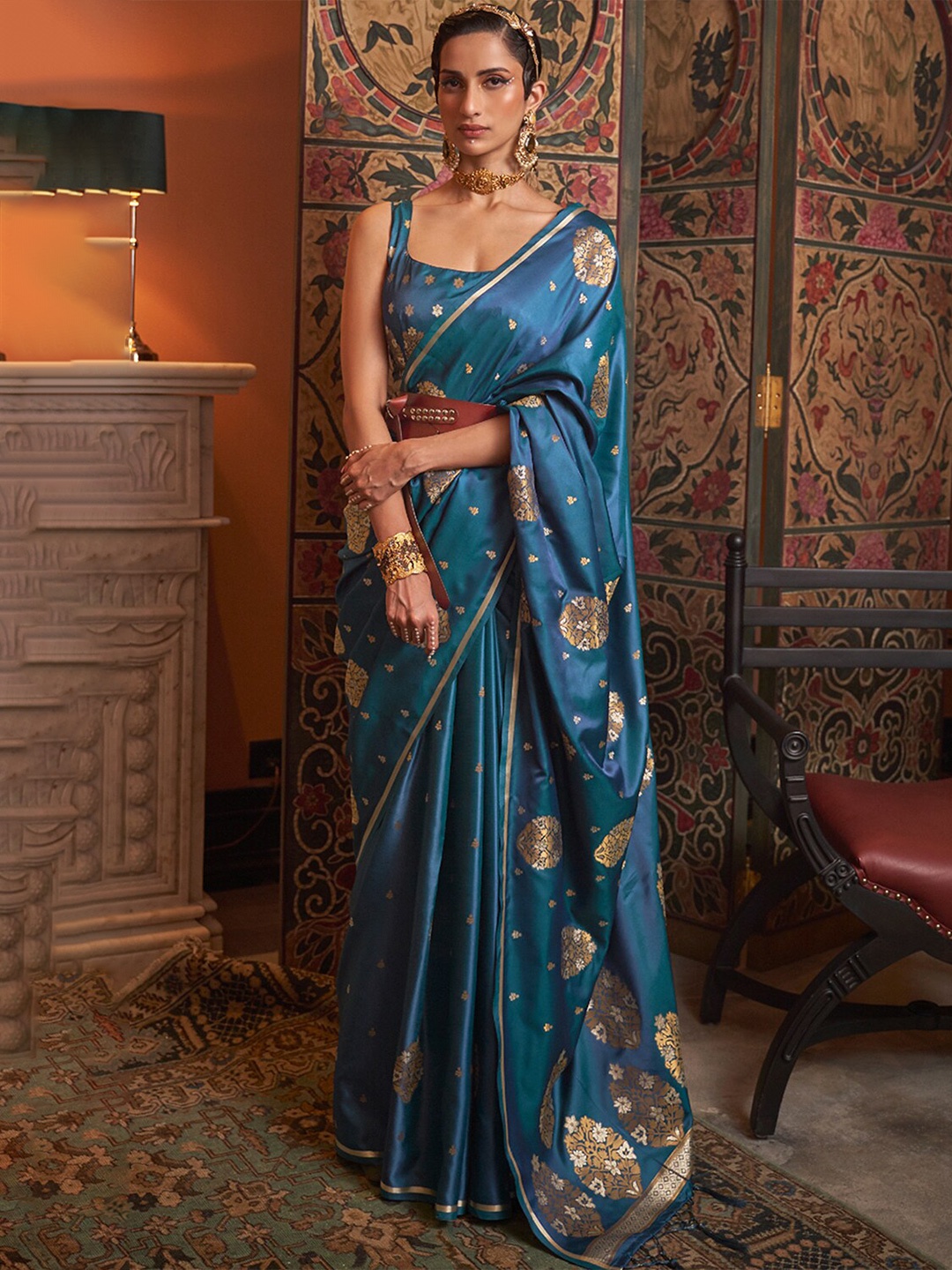 

DEVATITHI Ethnic Motifs Woven Design Zari Silk Blend Banarasi Saree, Blue