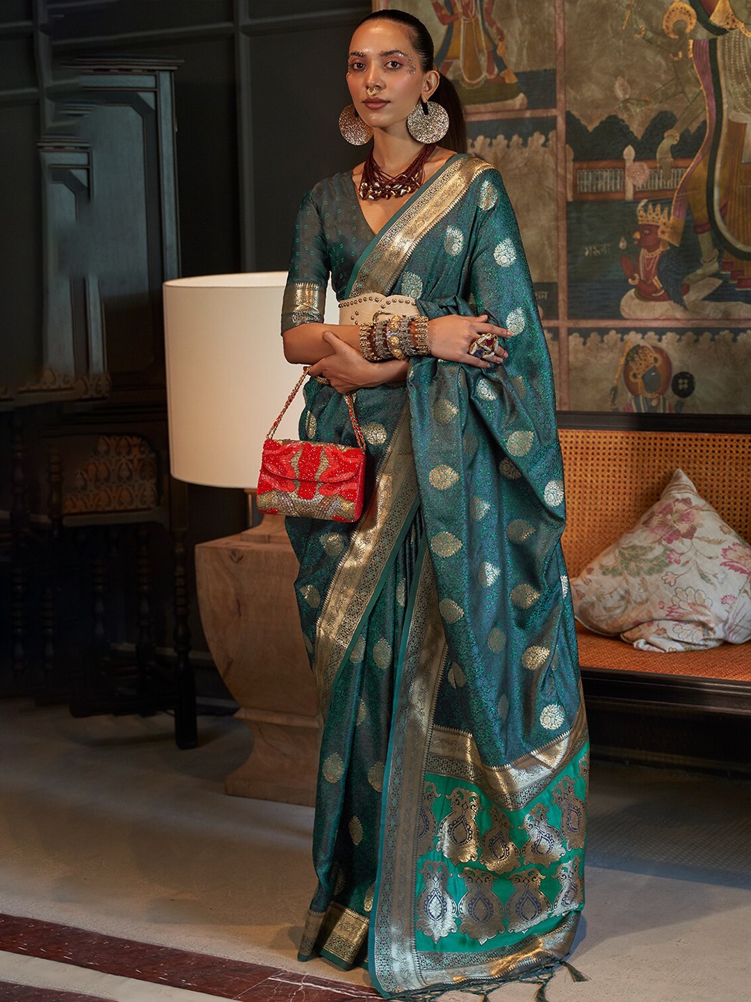

DEVATITHI Ethnic Motifs Woven Design Zari Banarasi Saree, Blue
