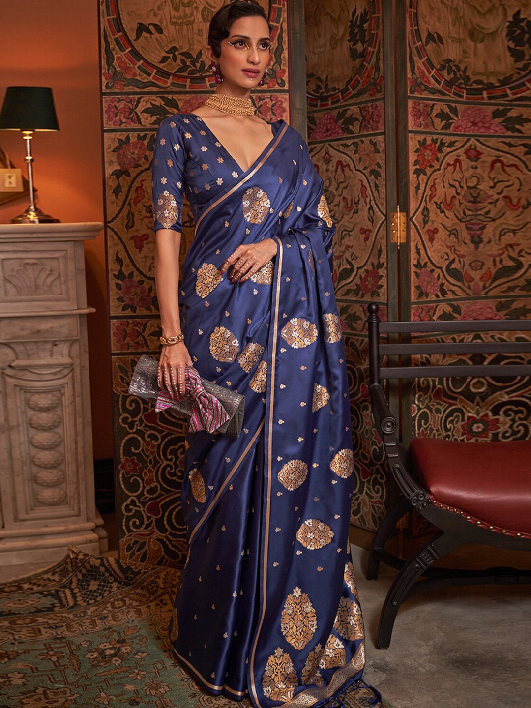 

DEVATITHI Floral Woven Design Banarasi Zari Saree, Blue