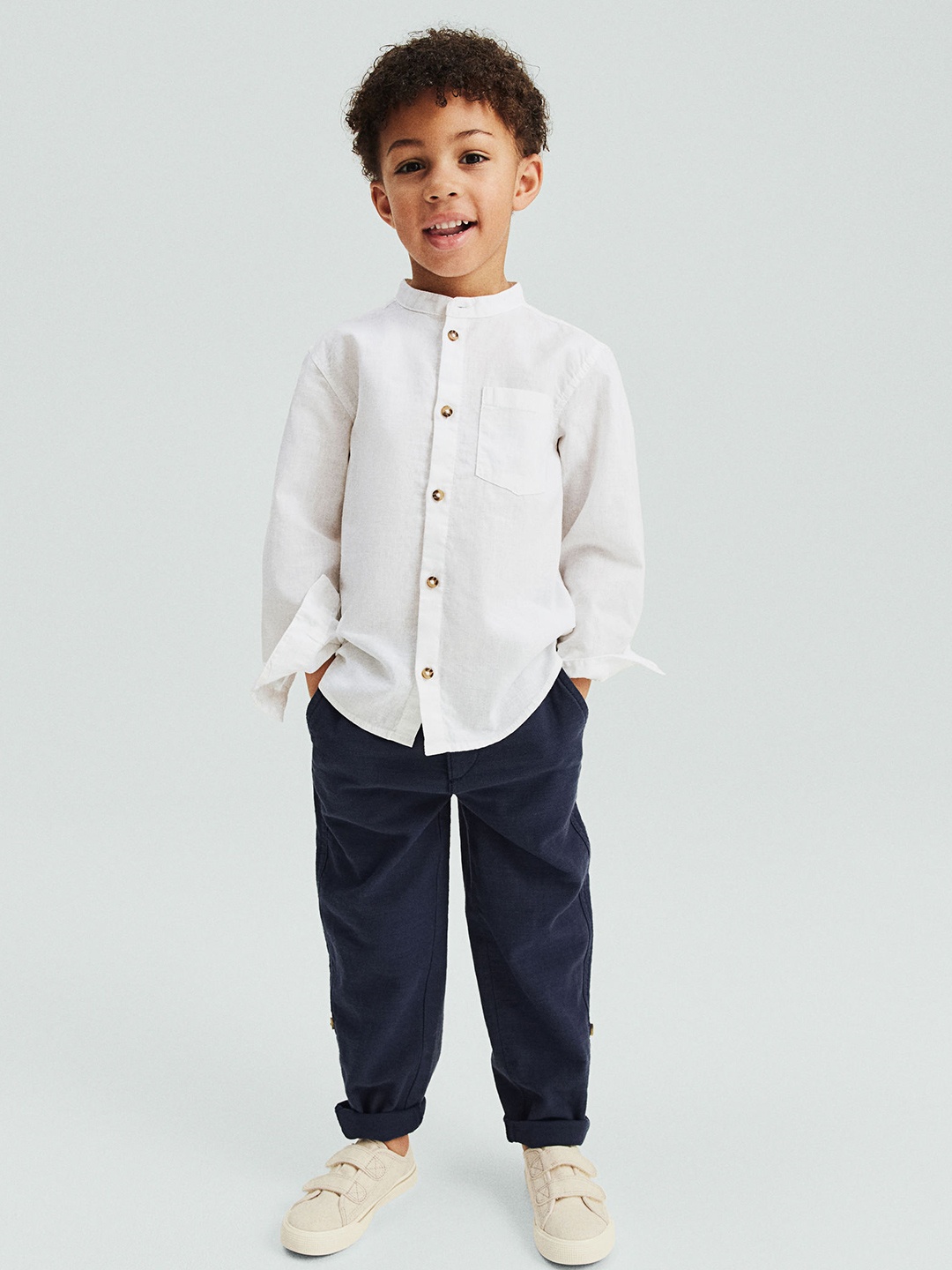 

H&M Boys Linen-Blend Grandad Shirt, White