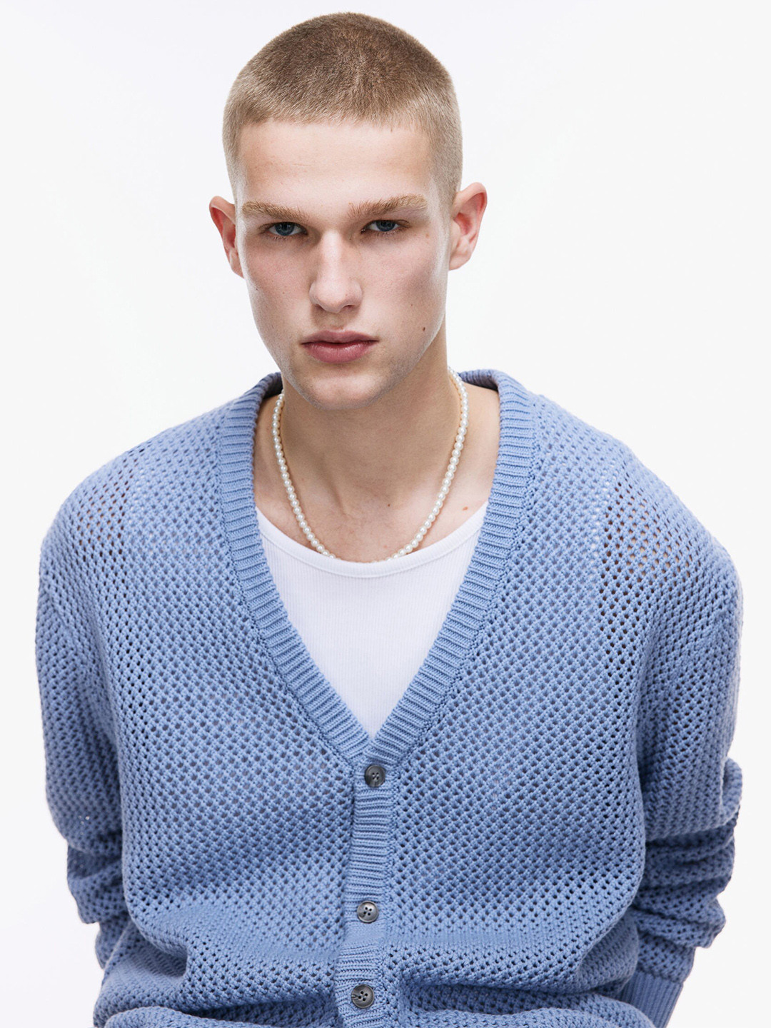 

H&M Cotton Loose Fit Hole-Knit Cardigan, Blue