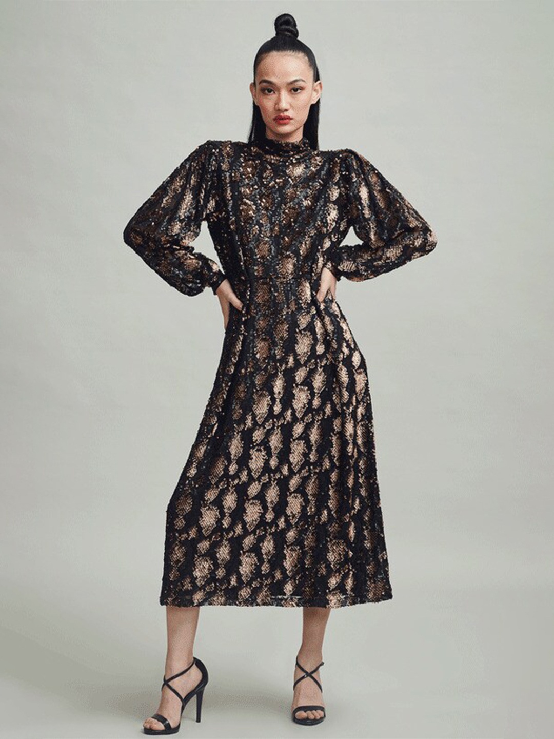 

Dash and Dot Floral Sequined Fit & Flare Midi Dress, Black