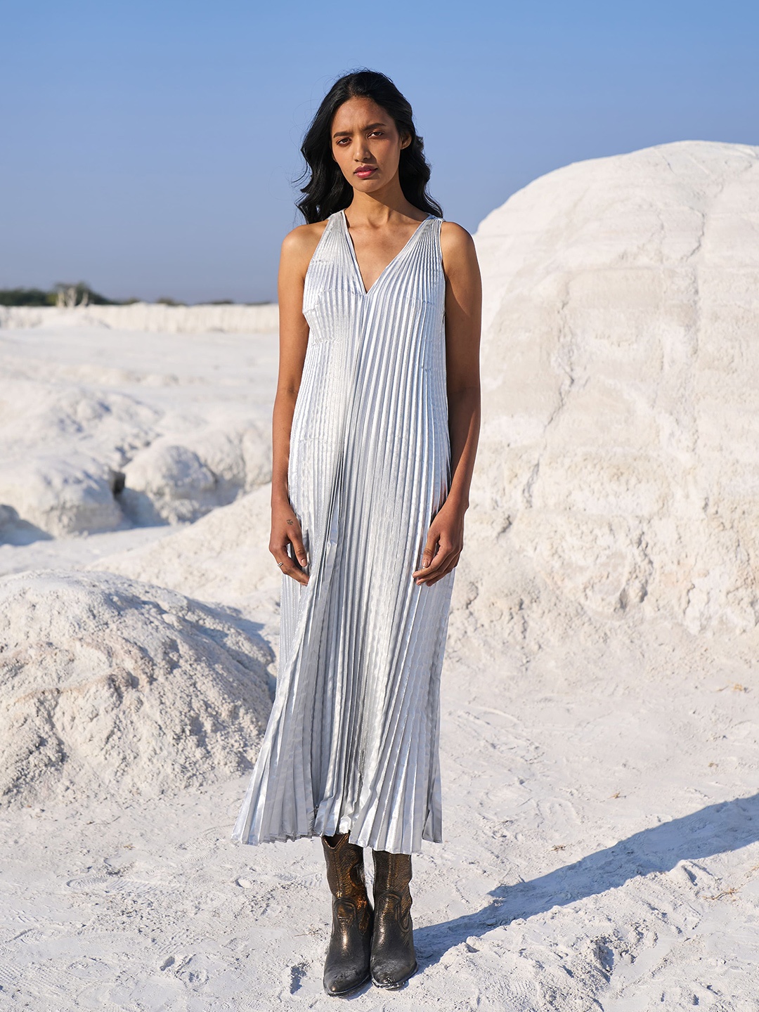 

Dash and Dot V-Neck Pleated Striped Maxi Dress, Silver