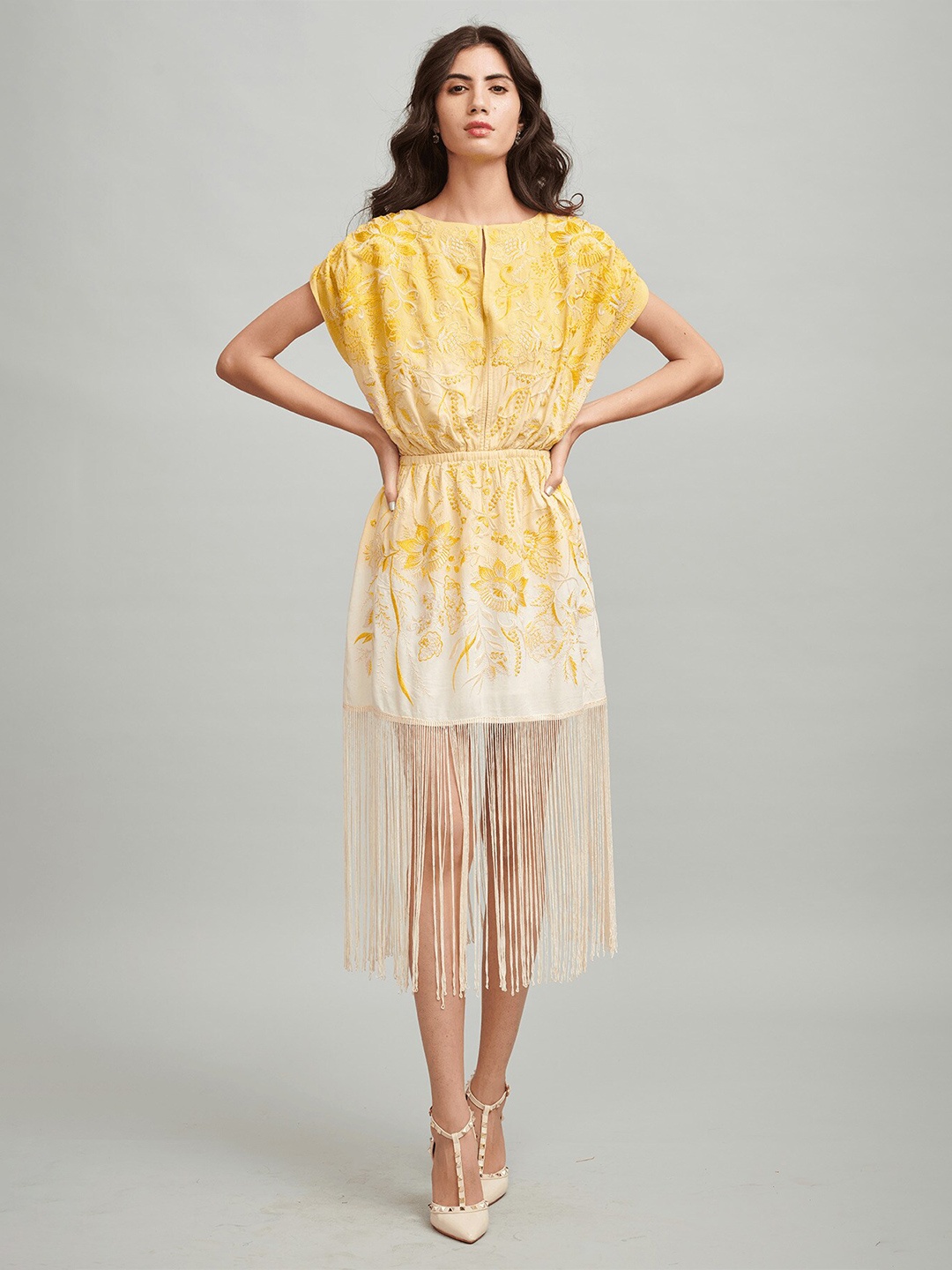 

Dash and Dot Floral Embroidered A-Line Midi Dress, Yellow