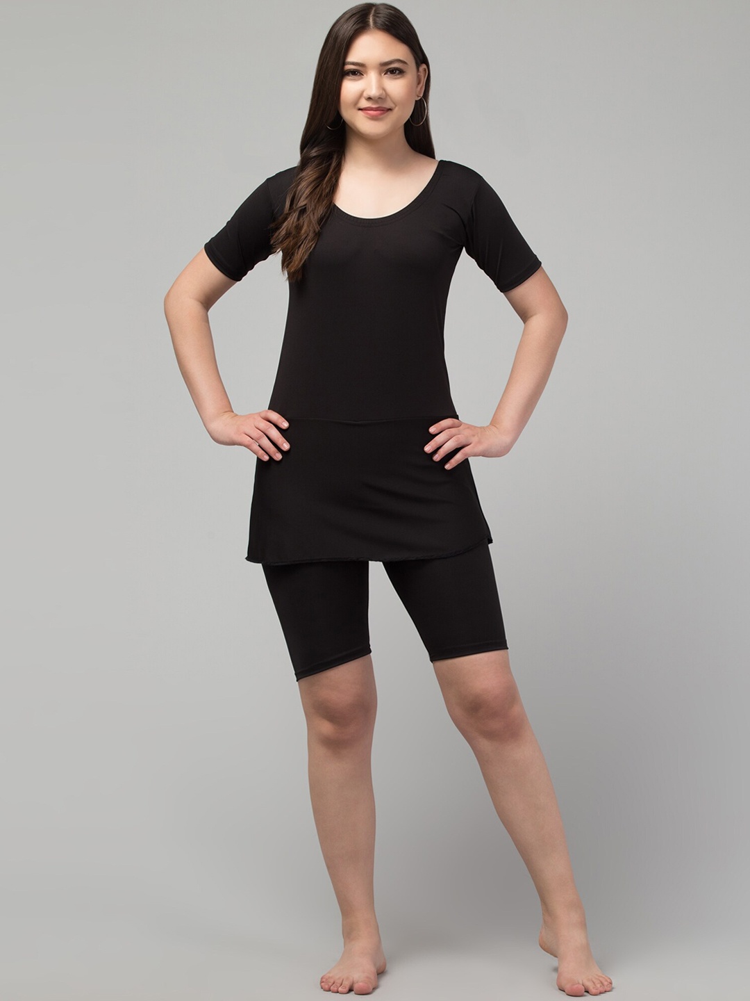 

A-Okay Full Coverage Swimming Dress With Attached Shorts, Black