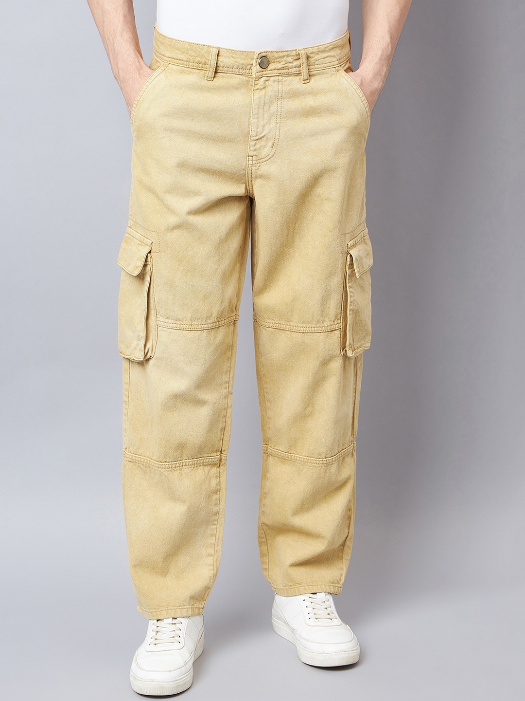 

Style Quotient Men Relaxed Fit Mid Rise Clean Look Cotton Cargo Jeans, Khaki