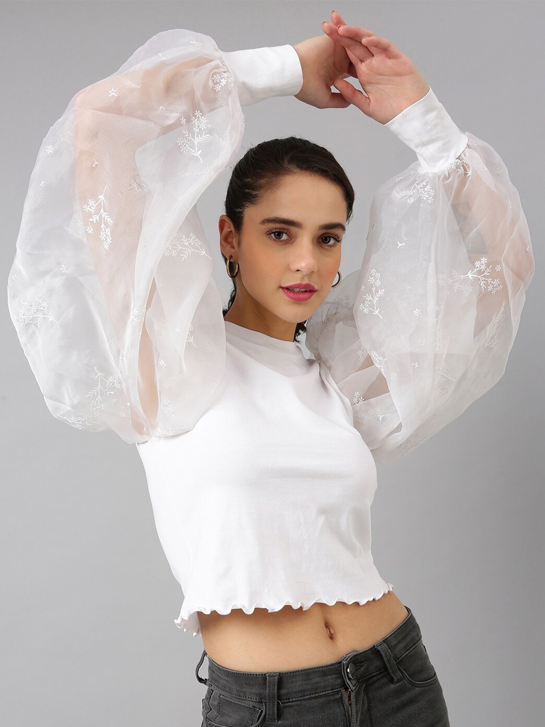 

ANAI Embroidered Bishop Sleeves Round Neck Cotton Fitted Crop Top, White