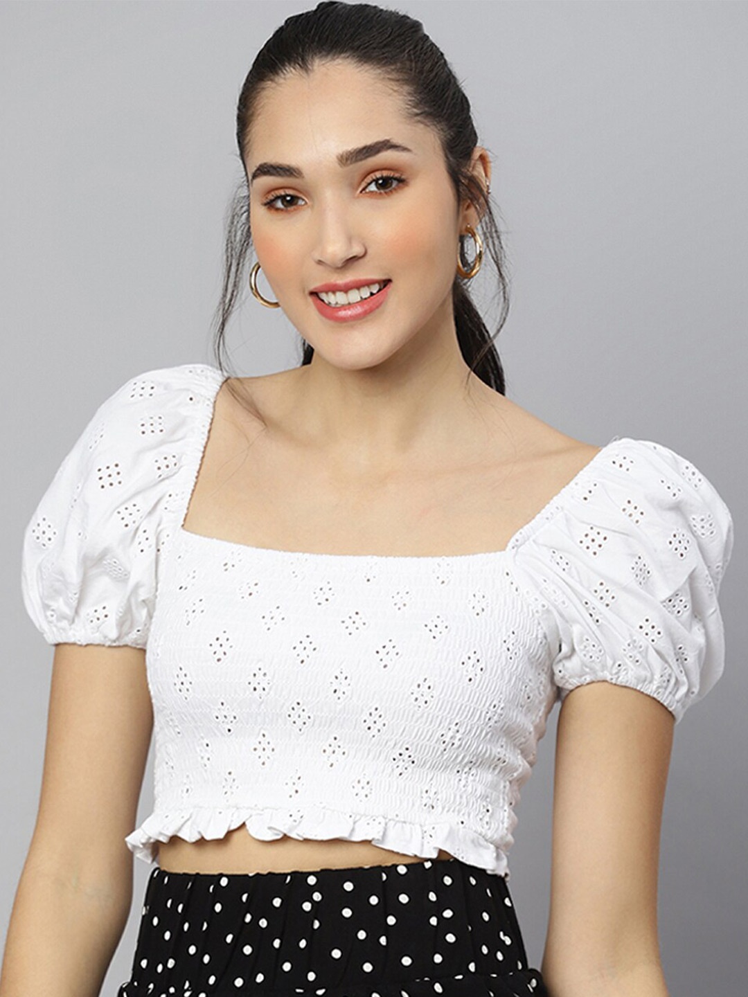 

ANAI Schiffli Puff Sleeve Square Neck Self Design Smocked Cotton Crop Top, White
