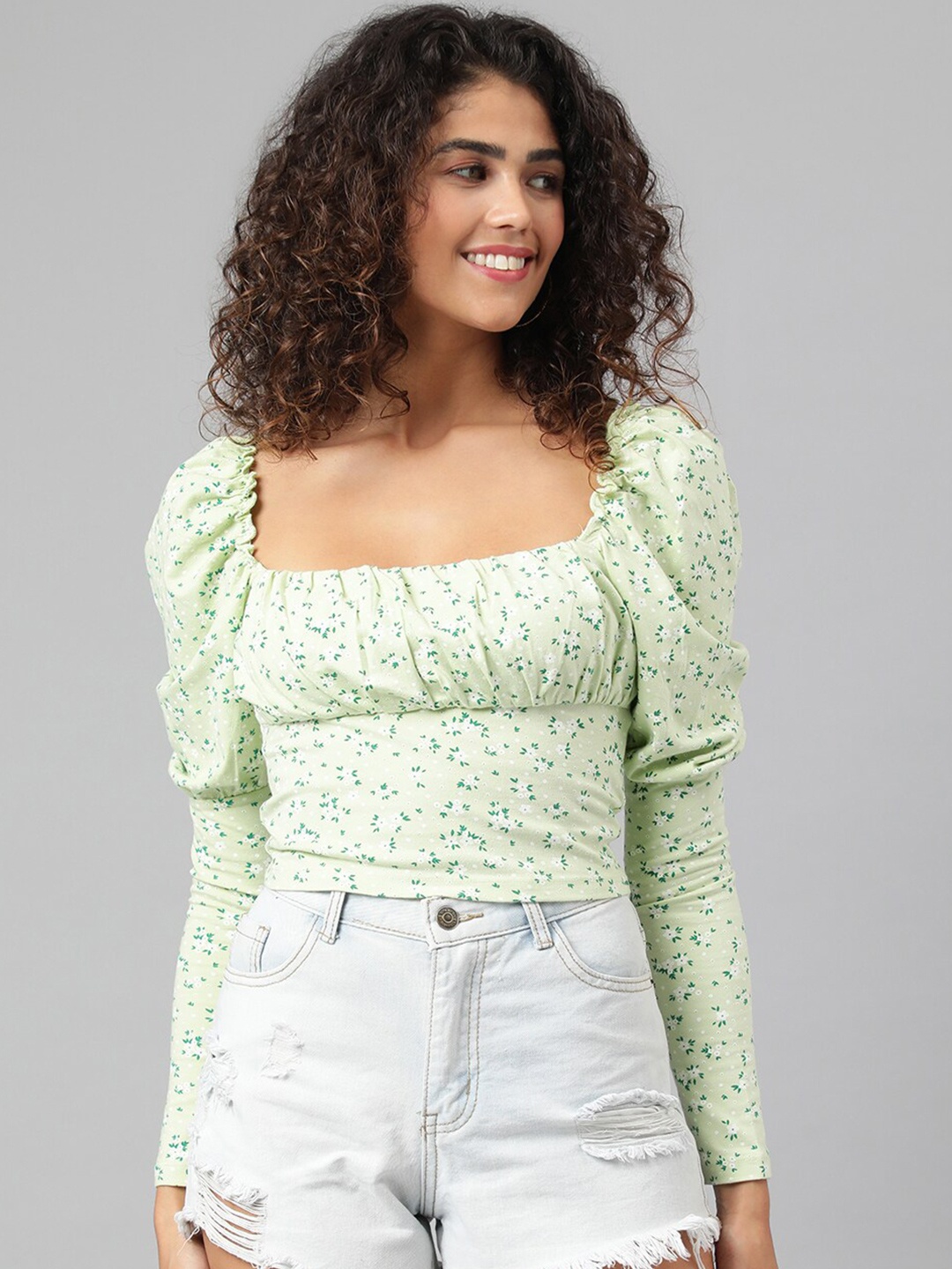 

ANAI Floral Printed Square Neck Puff Sleeves Cotton Fitted Crop Top, Green