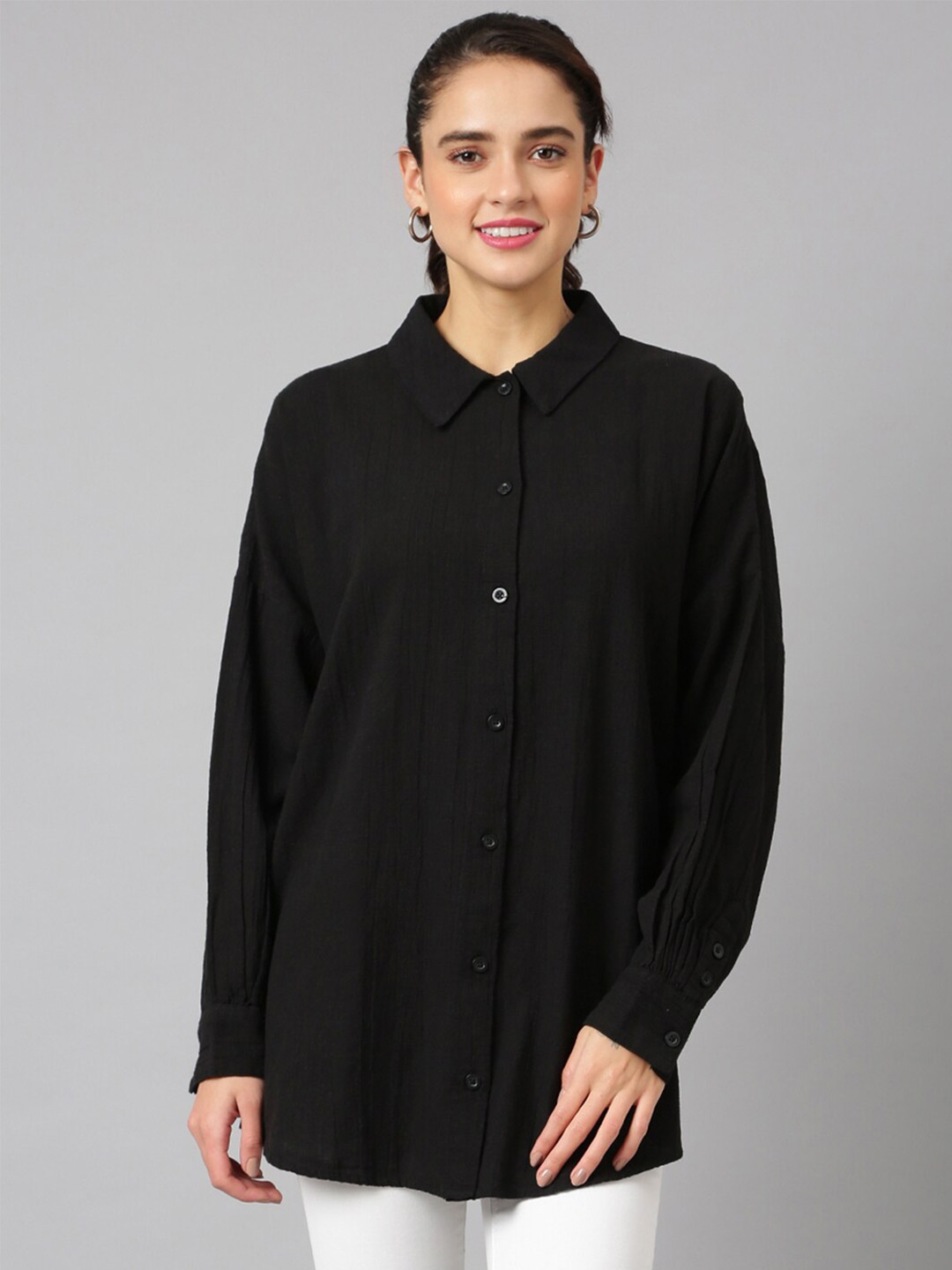 

ANAI Spread Collar Drop-Shoulder Sleeves Cotton Oversized Casual Shirt, Black