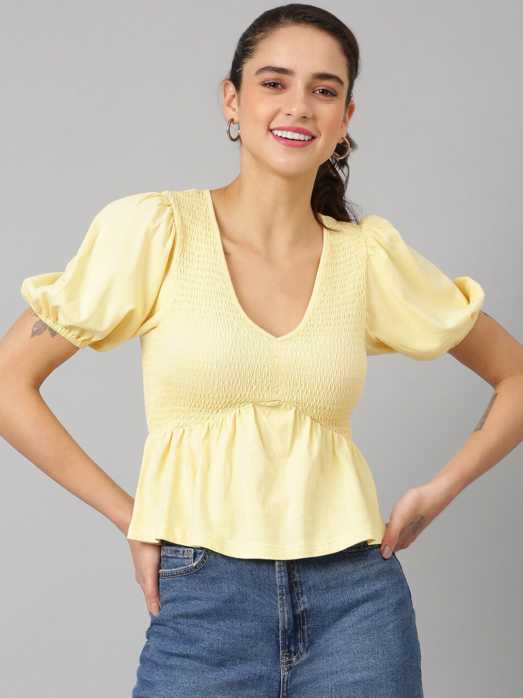 

ANAI V-Neck Puff Sleeves Smocked Detailed Cotton Peplum Top, Yellow