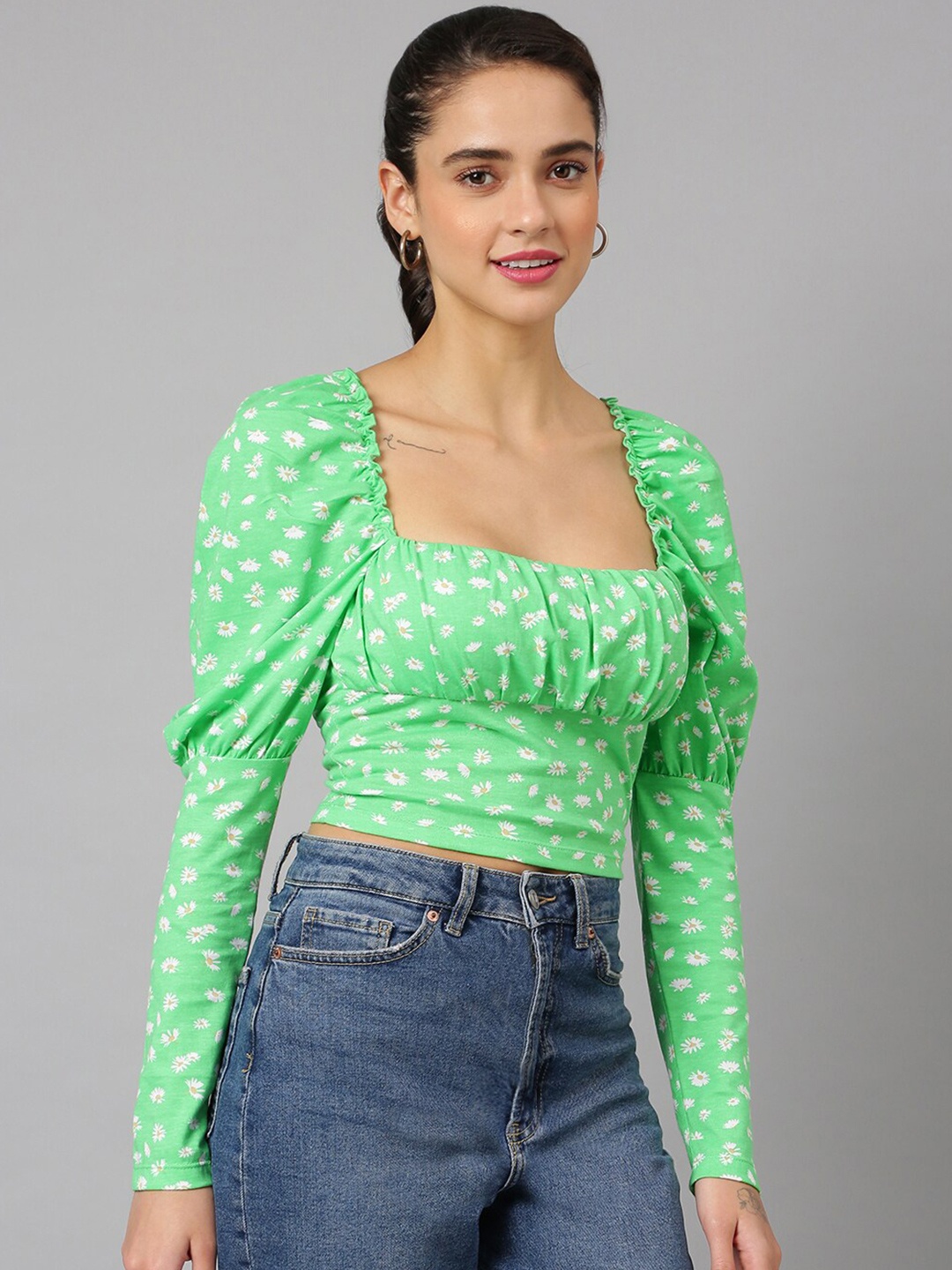 

ANAI Floral Printed Square Neck Gathered Puff Sleeves Cotton Crop Top, Green