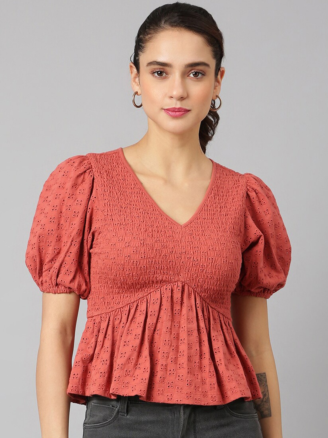 

ANAI Schiffli Self Design Smocked Puff Sleeves Cotton Peplum Top, Rust