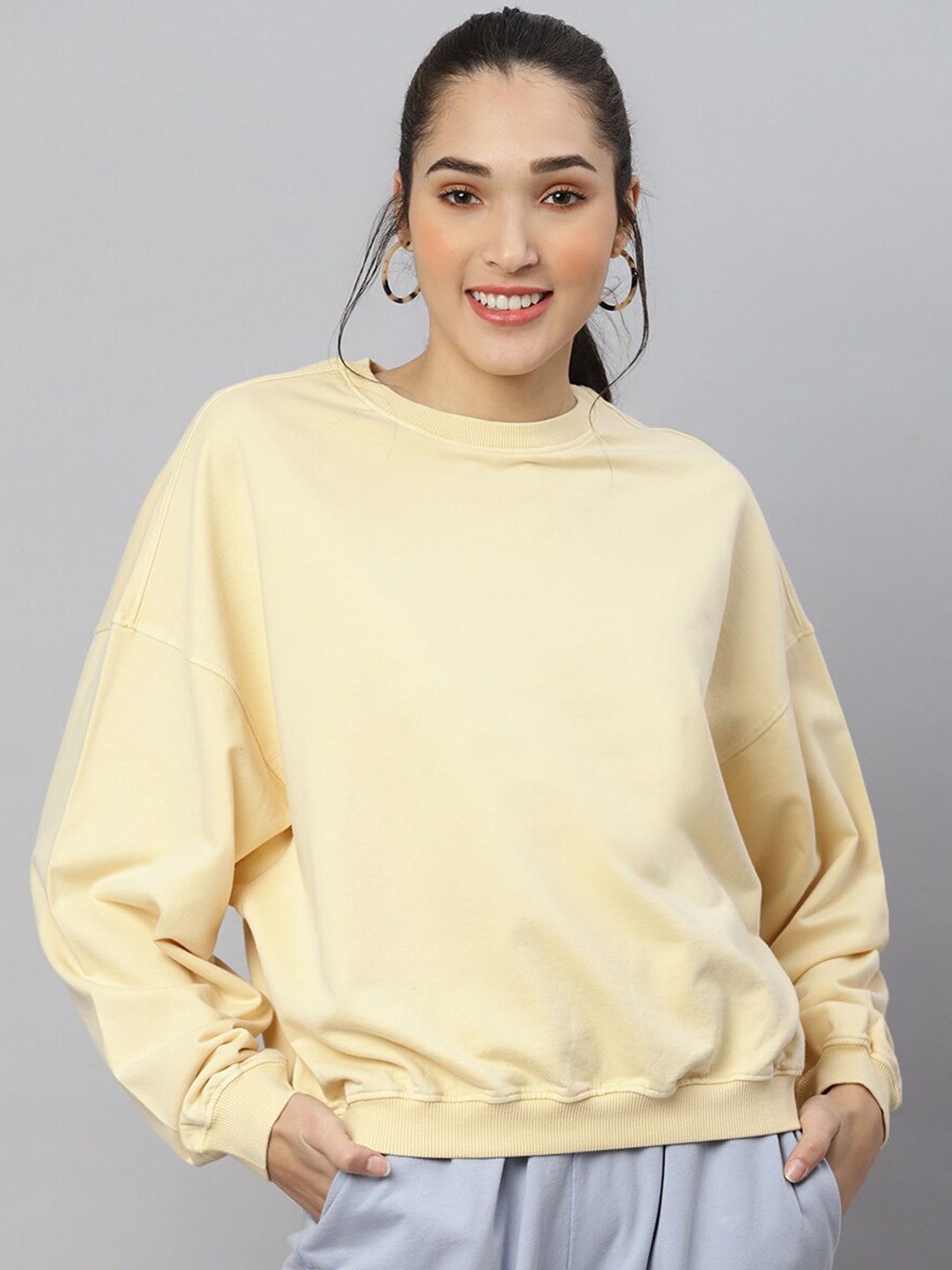 

ANAI Round Neck Drop Shoulder Sleeves Cotton Oversized Boxy Top, Yellow