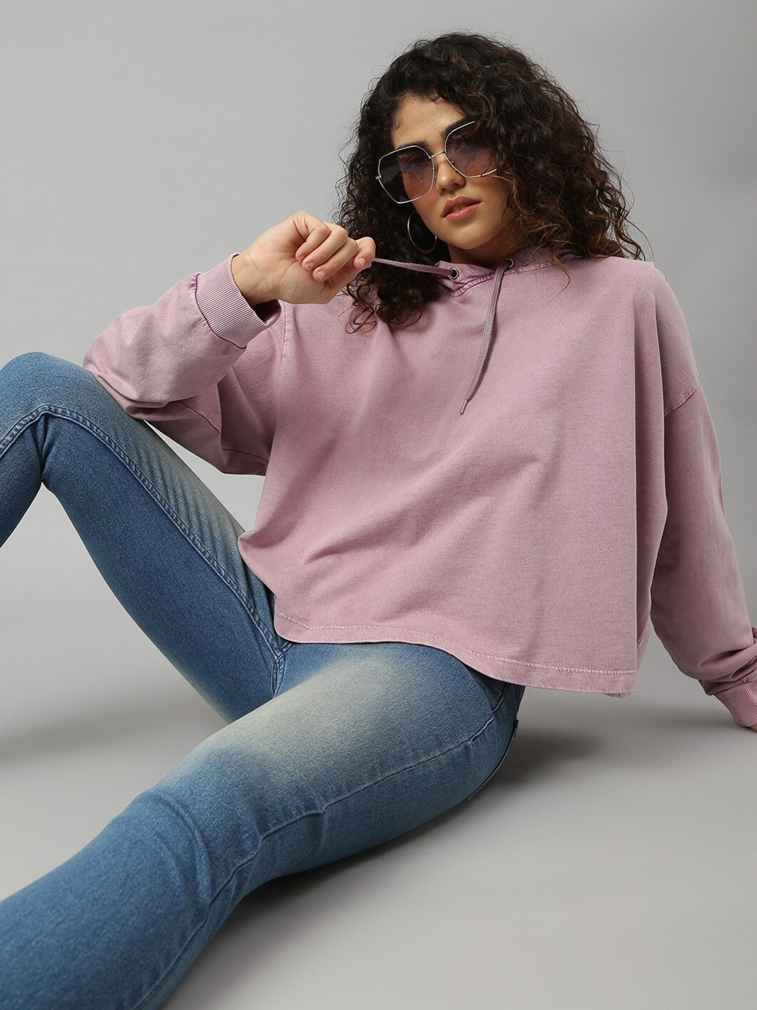 

ANAI Hooded Neck Drop Shoulder Sleeves Cotton Boxy Top, Pink