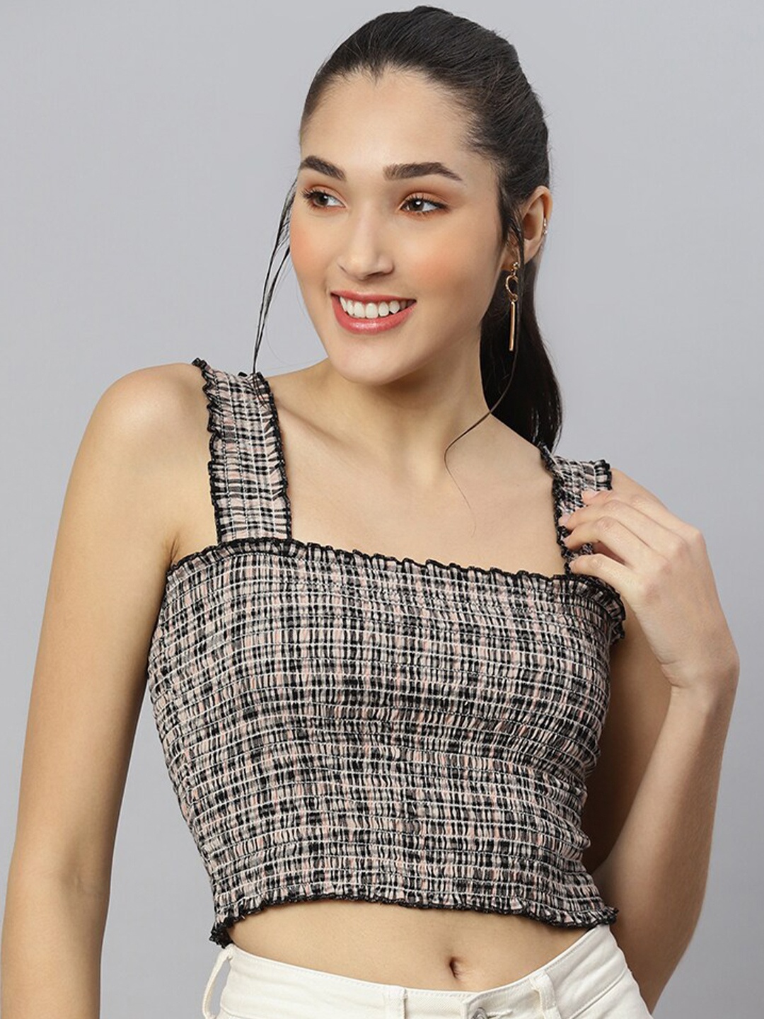 

ANAI Checked Shoulder Straps Smocked Fitted Crop Top, Black