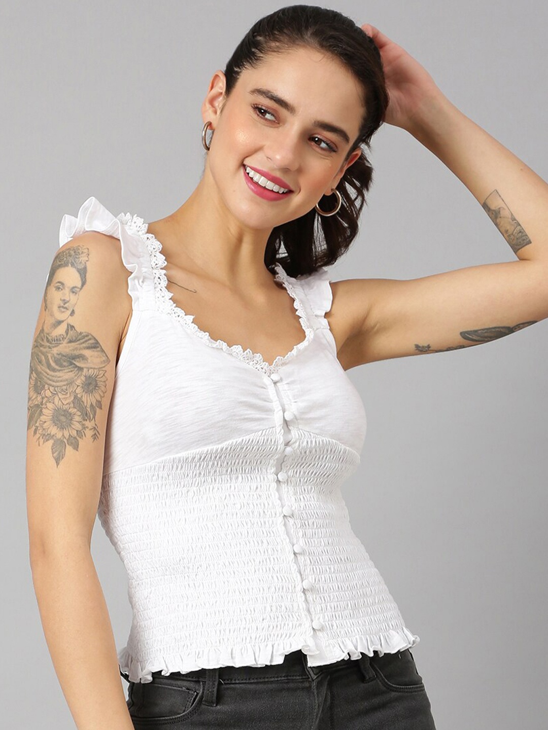 

ANAI Sleeveless Ruffled Smocked Cotton Fitted Top, White