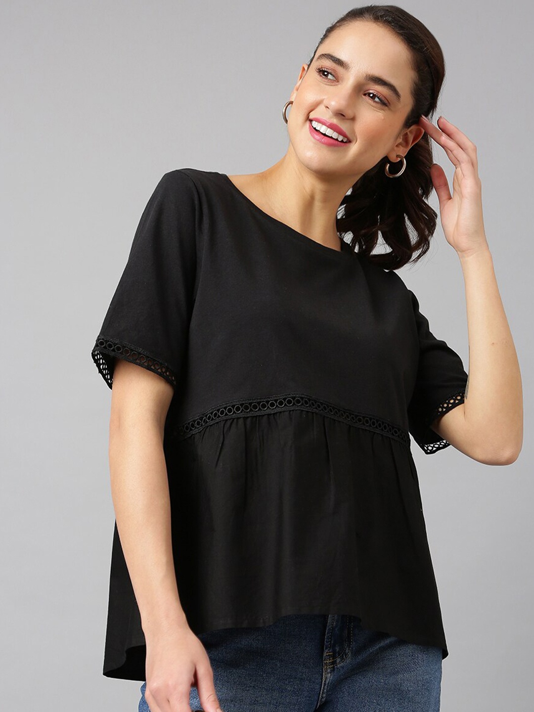 

ANAI Schiffli Tiered A-Line Cotton Top, Black