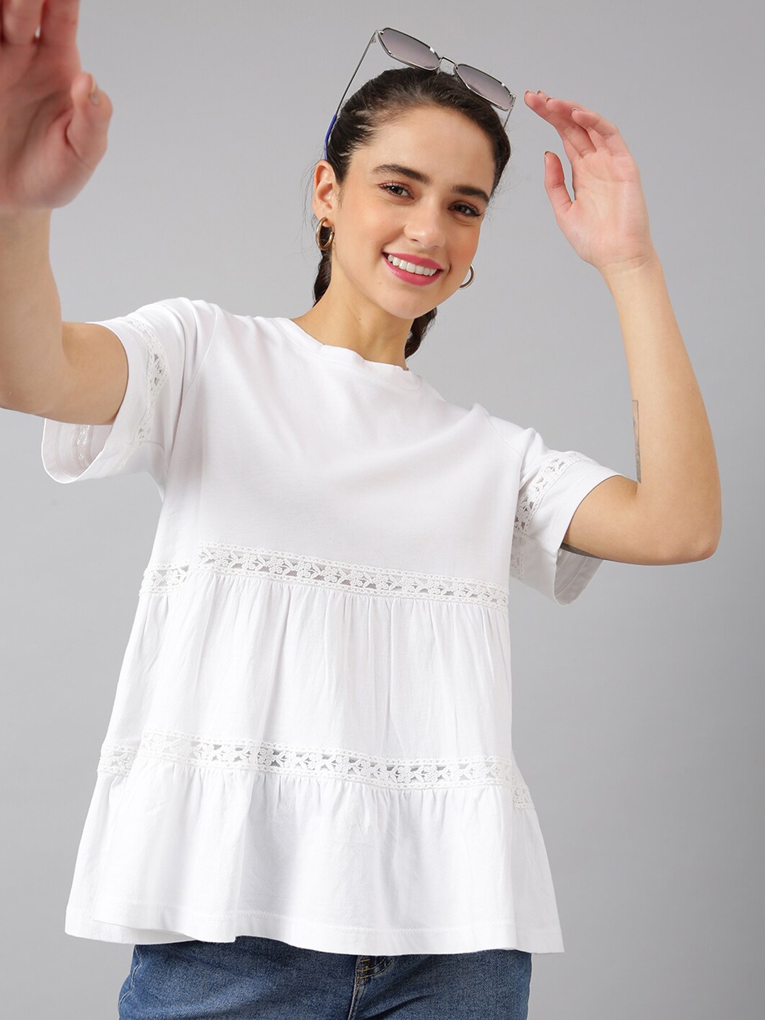 

ANAI Self Design Gathered Cotton Tiered Top, White