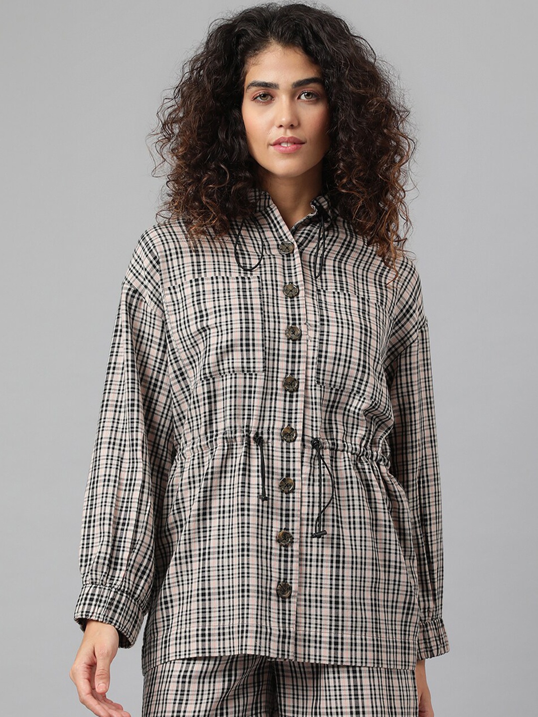 

ANAI Checked Shirt Style Longline Top, Black