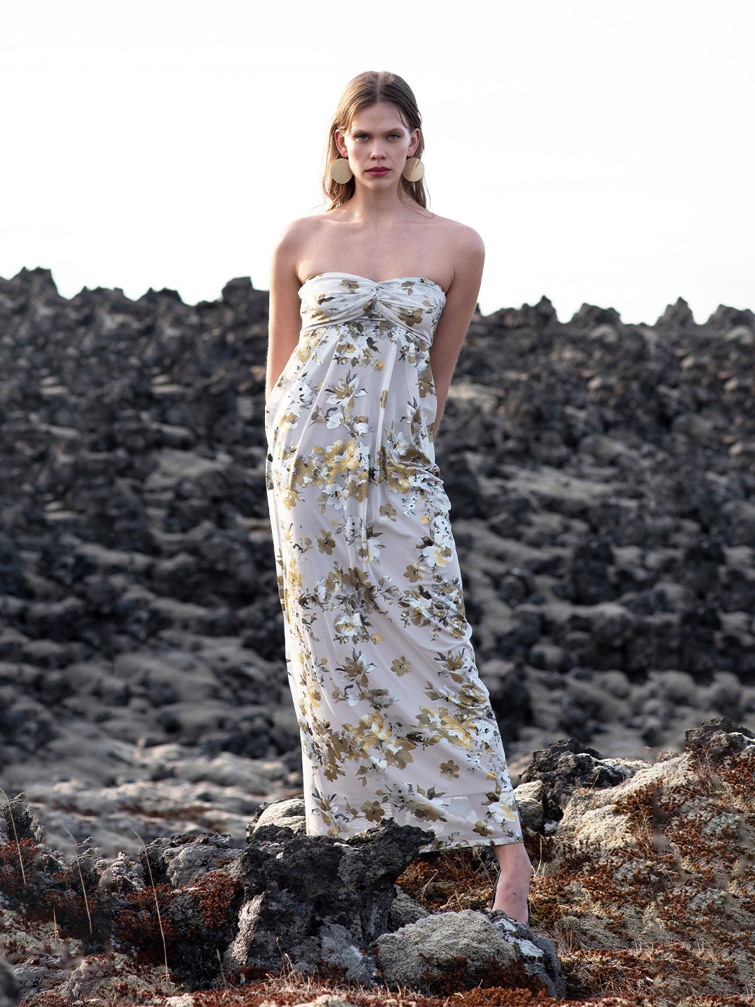 

Dash and Dot Floral Foil Printed Draped Dress, White