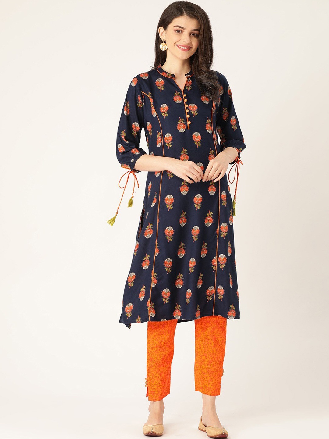 

all about you Floral Printed Straight Kurta with Trousers, Navy blue