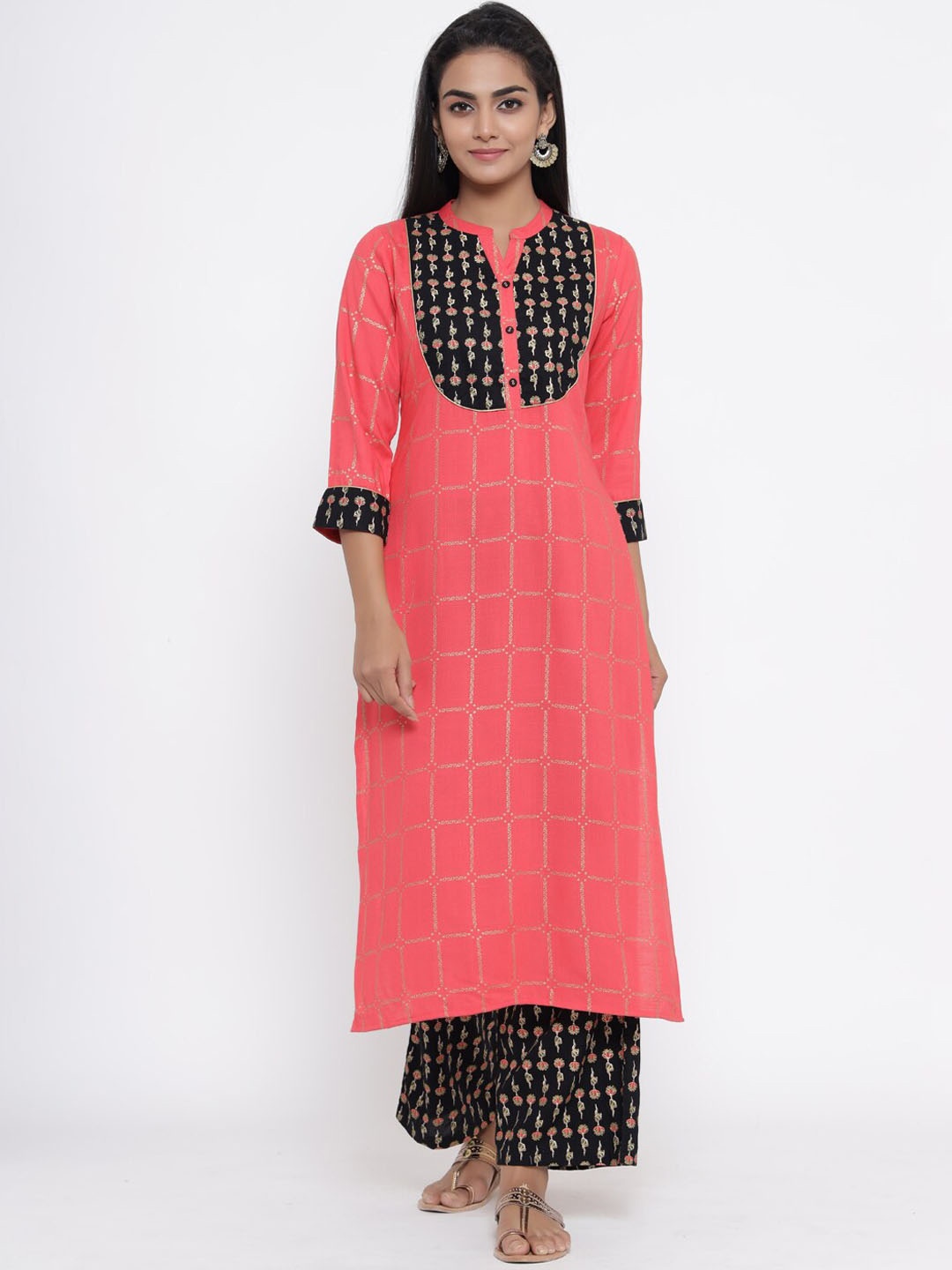 

all about you Floral Printed Straight Gotta Patti Kurta with Palazzos, Pink