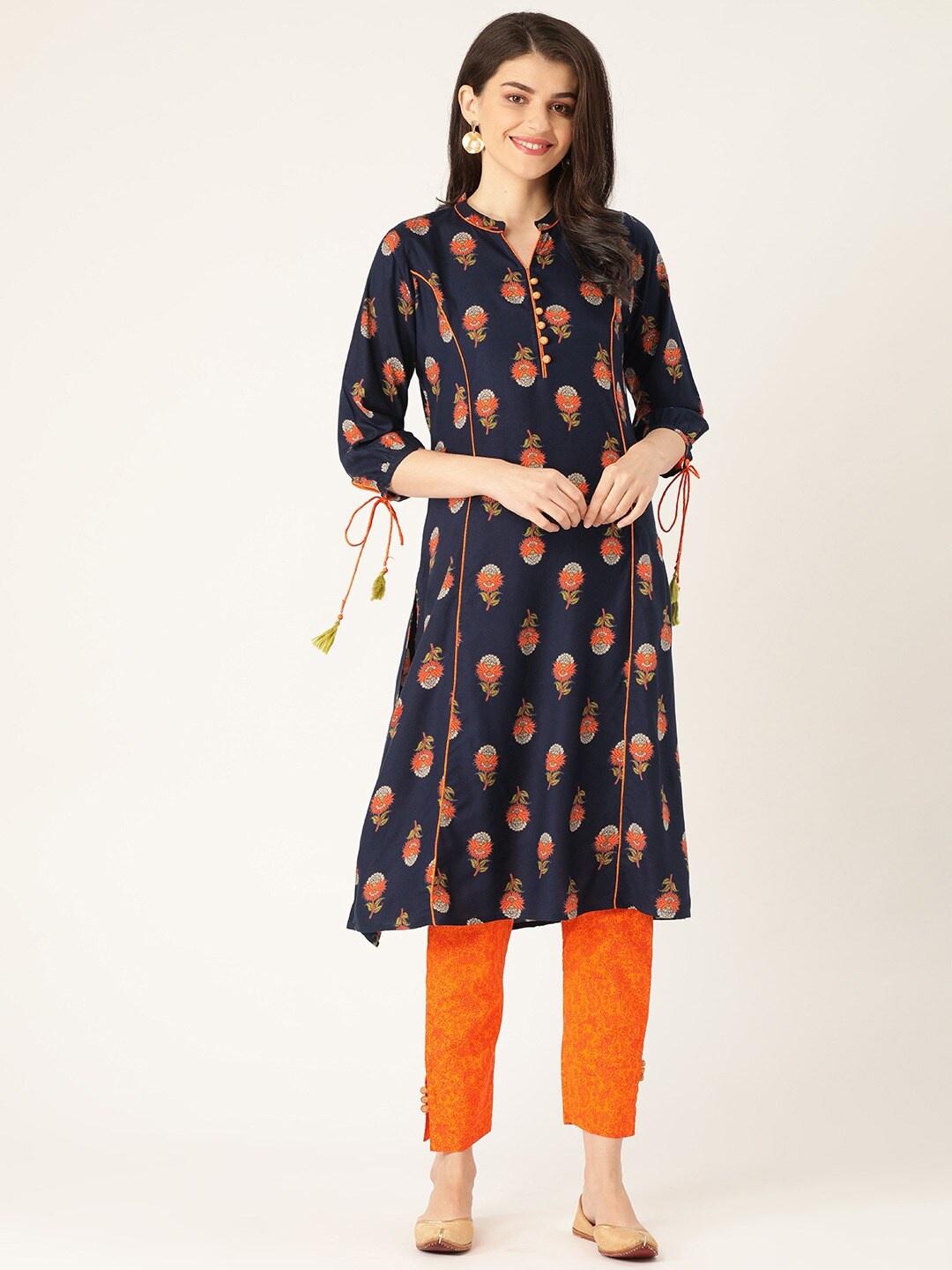 

all about you Floral Printed Straight Kurta with Trousers, Navy blue