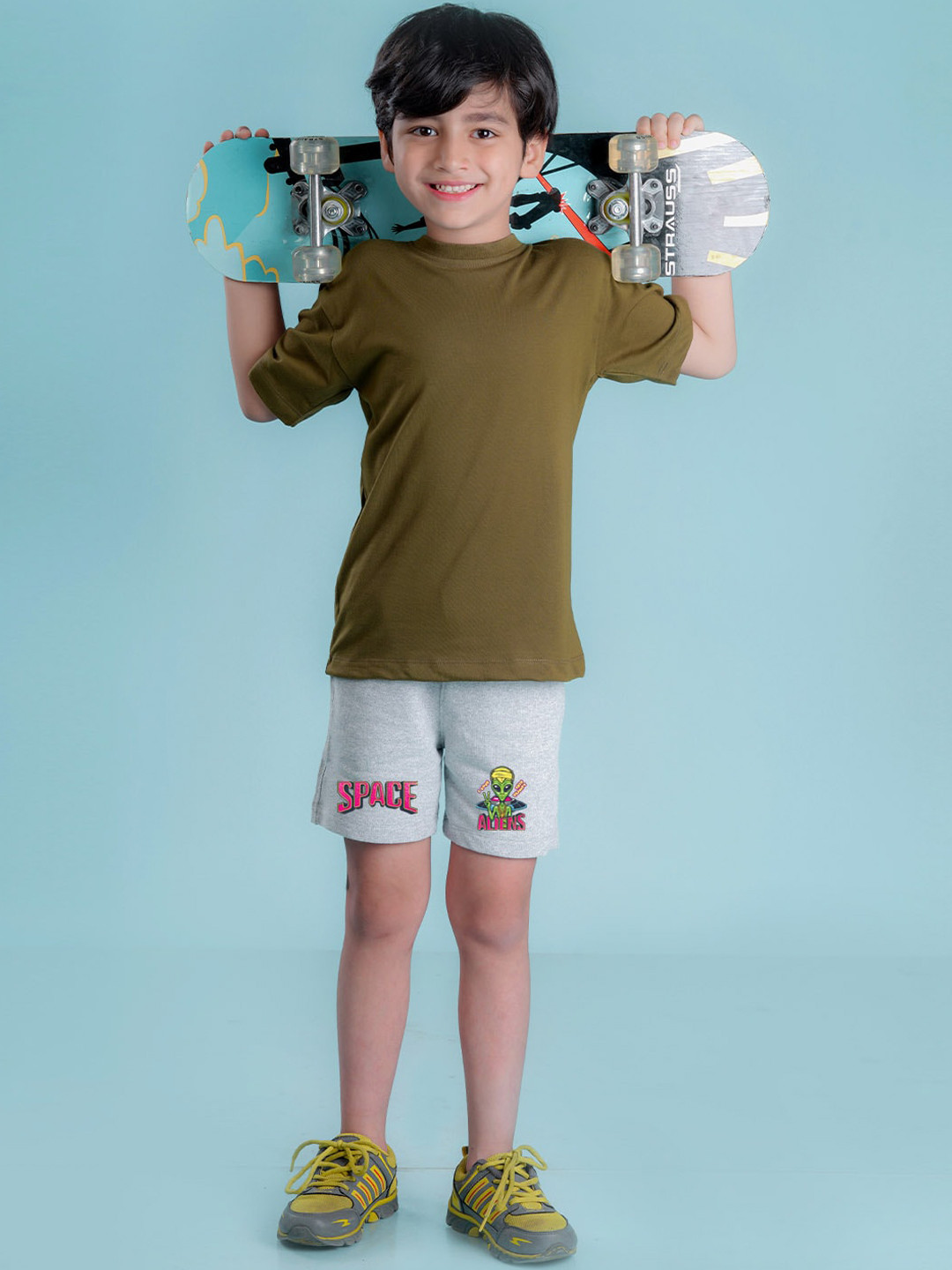 

NUSYL Boys Alien Printed Cotton Shorts, Grey